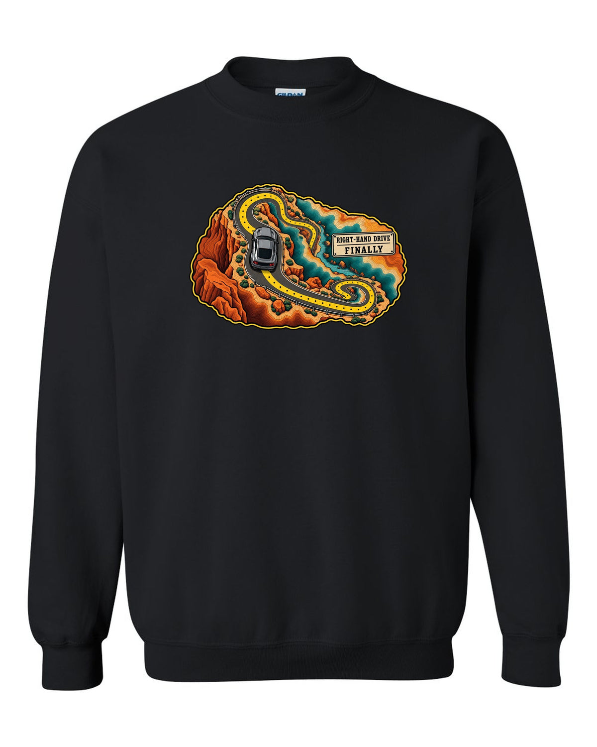 Topographic canyon route map with an S550 Ford Mustang fastback black crewneck front view with the design