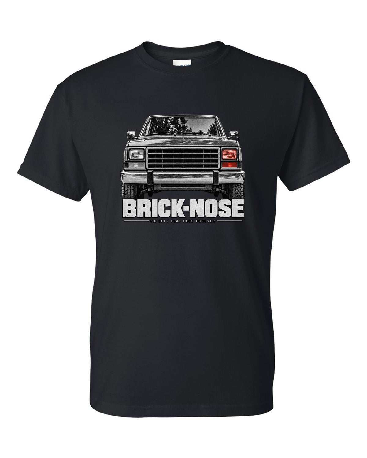 Ford Bronco Brick-Nose 1987-91 taillight macro print with 5.0 EFI text black t-shirt front view with the design