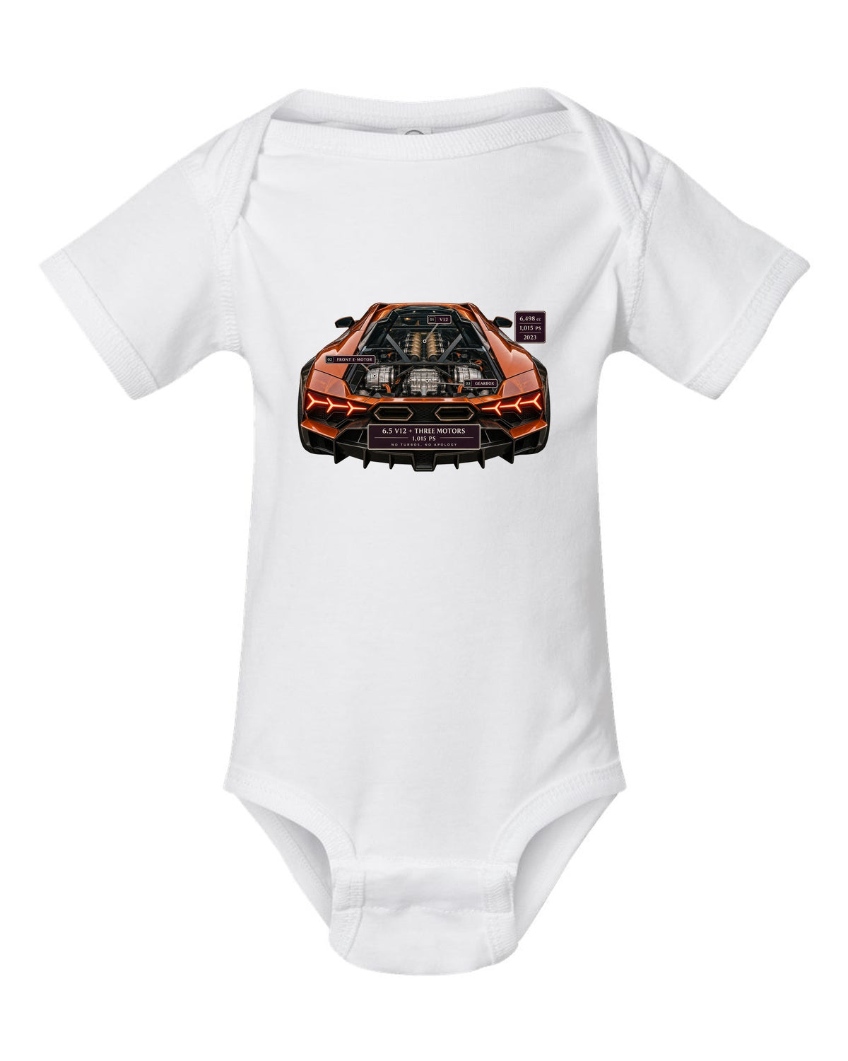 Engine hero print of a burnt orange Lamborghini Revuelto V12 white baby onesie front view with the design