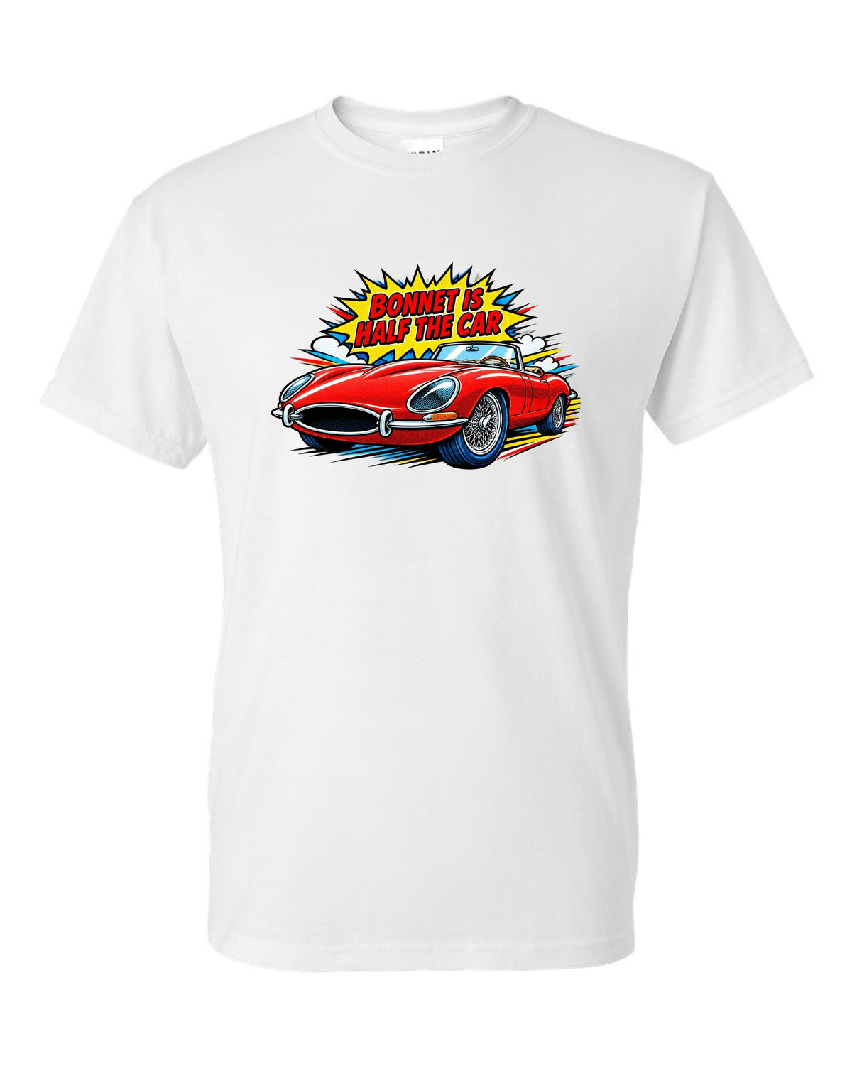 Comic halftone pop art print of a 1961 Jaguar E-Type Series 1 with bonnet is half the car lettering white t-shirt front view with the design