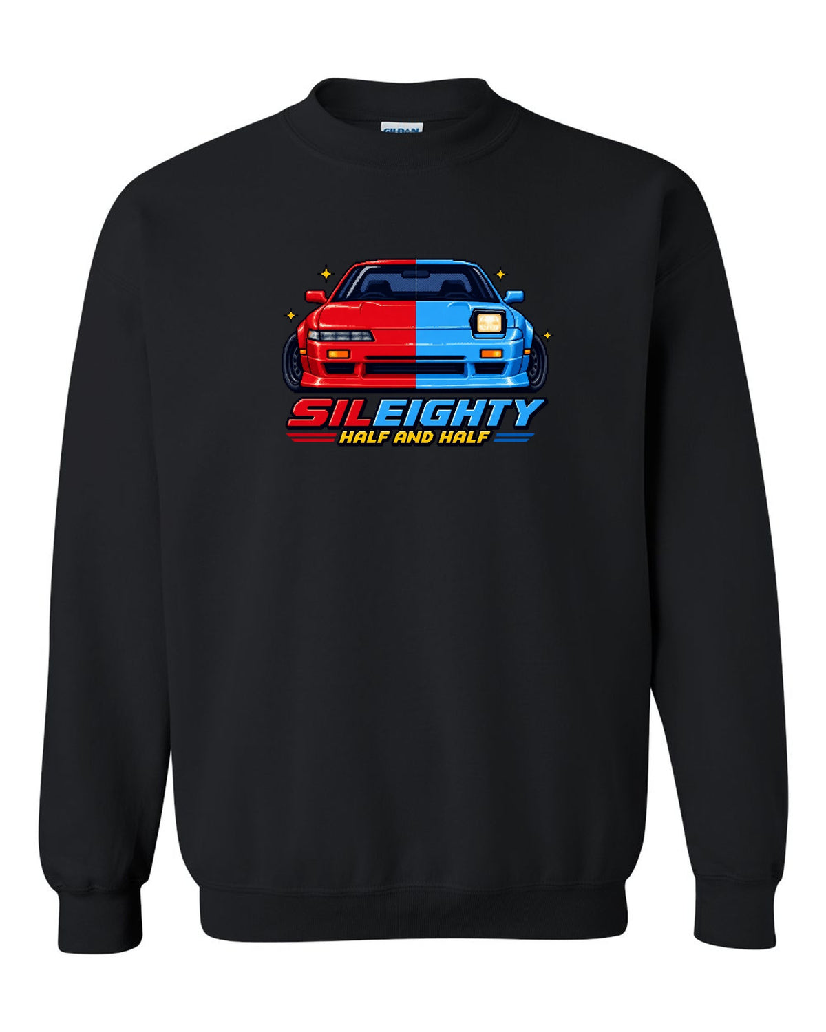 16-bit pixel art print of a Nissan Sileighty 180SX and Silvia S13 hybrid with Half and Half lettering black crewneck front view with the design