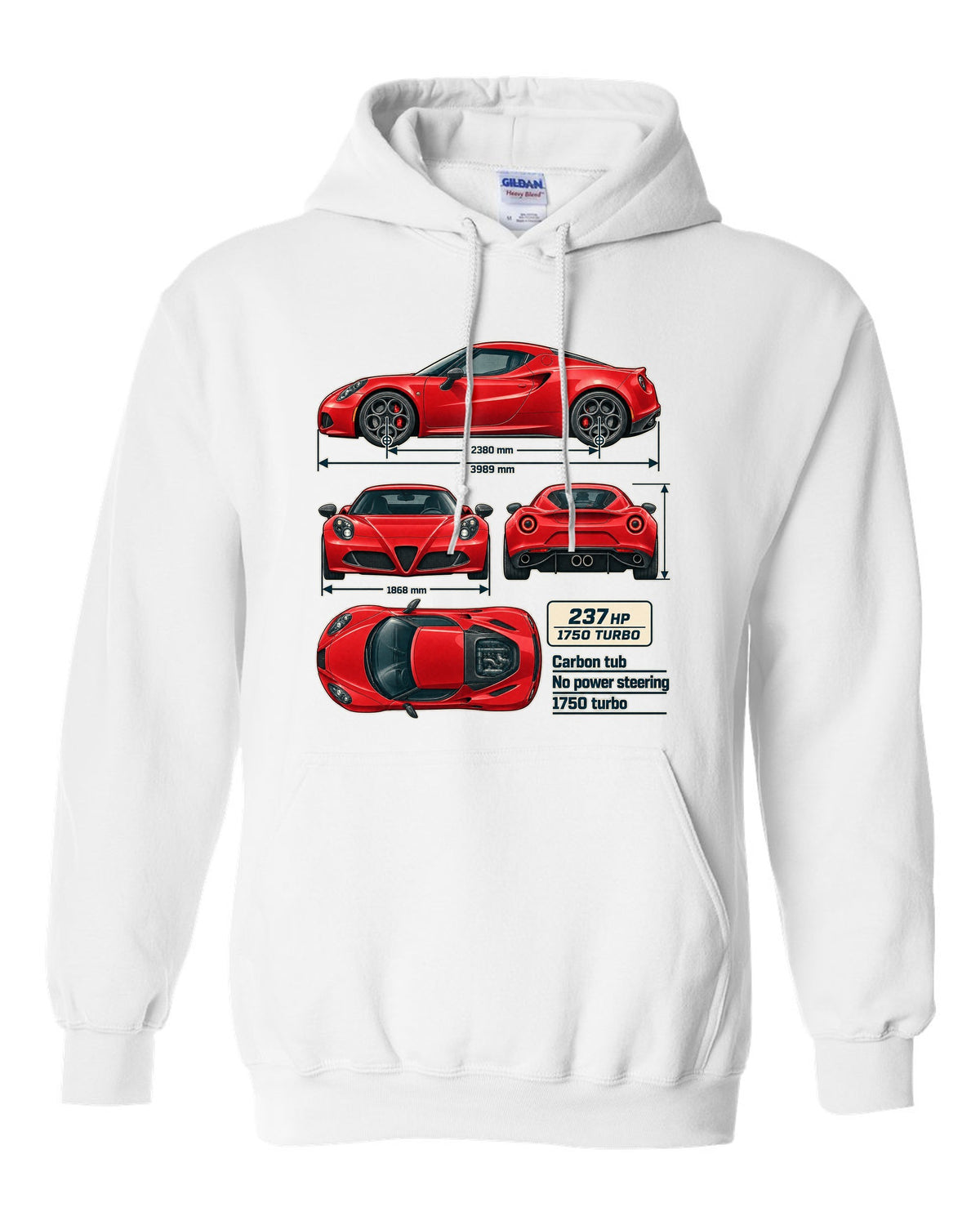 Dimension blueprint print of the Alfa Romeo 4C coupe with carbon tub and 1750 turbo callouts white pull over hoodie front view with the design