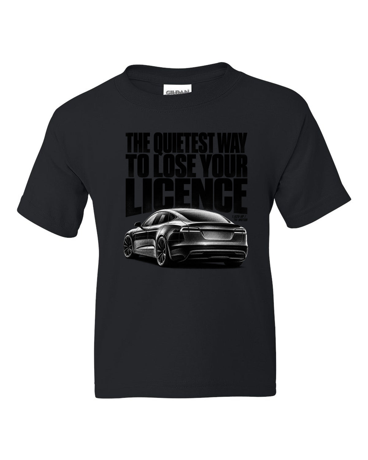 Halftone print of a Tesla Model S Plaid rear three-quarter view black kids tee front view with the design