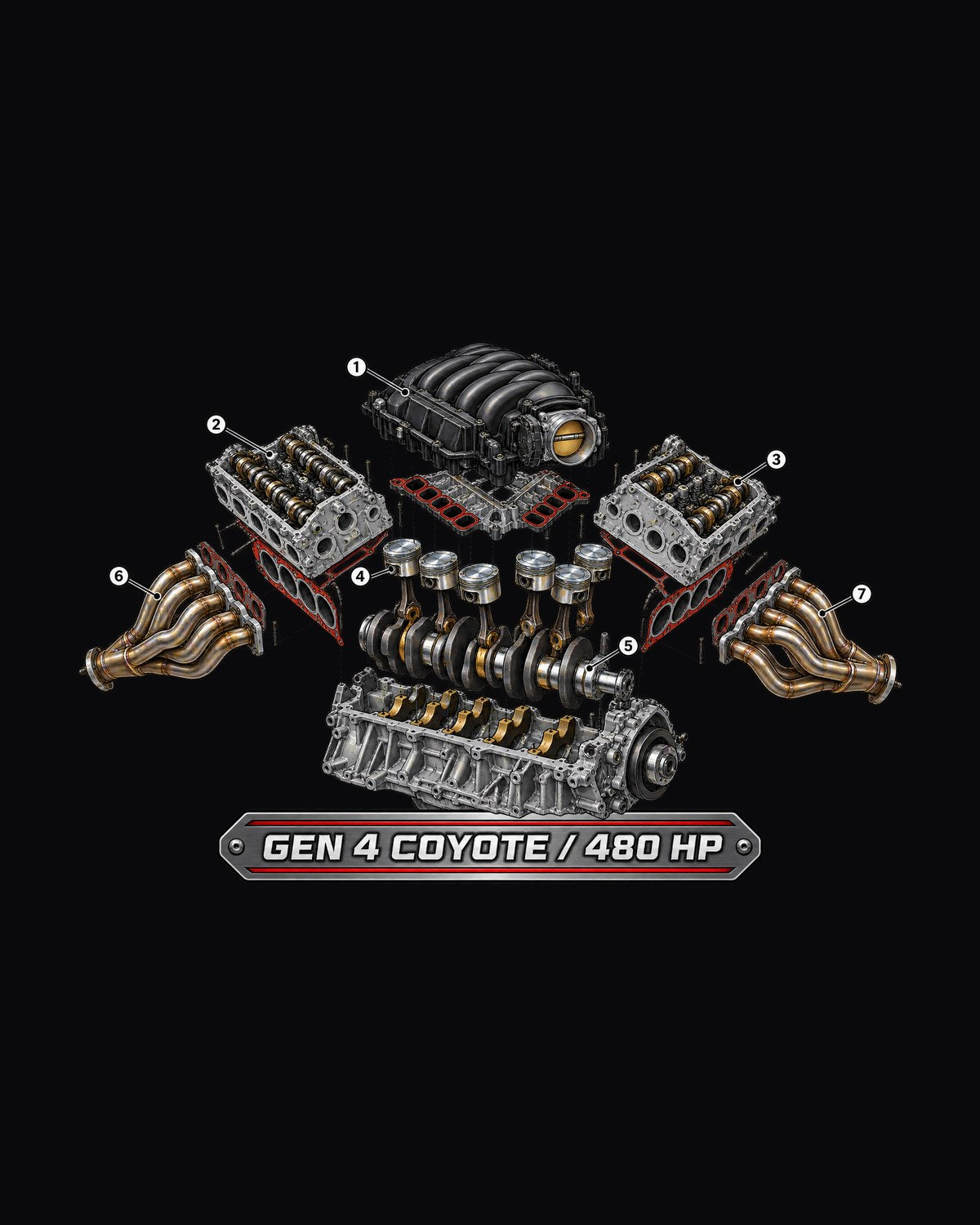 S650 Mustang 5.0 Gen 4 Coyote Engine Teardown Cutaway Shirt design only