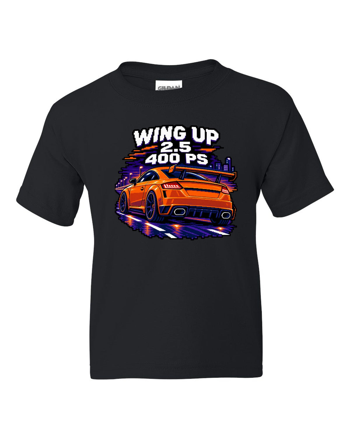 16-bit pixel art print of an Audi TT RS FV with rear wing up and 400 PS text black kids tee front view with the design