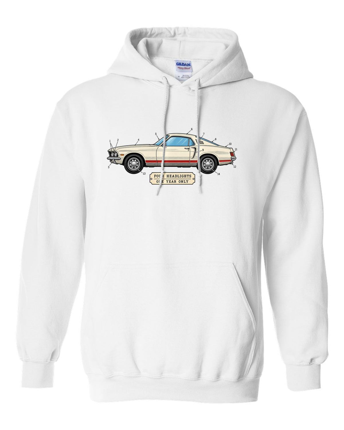 1969 Ford Mustang Fastback Patent Sheet Profile white pull over hoodie front view with the design