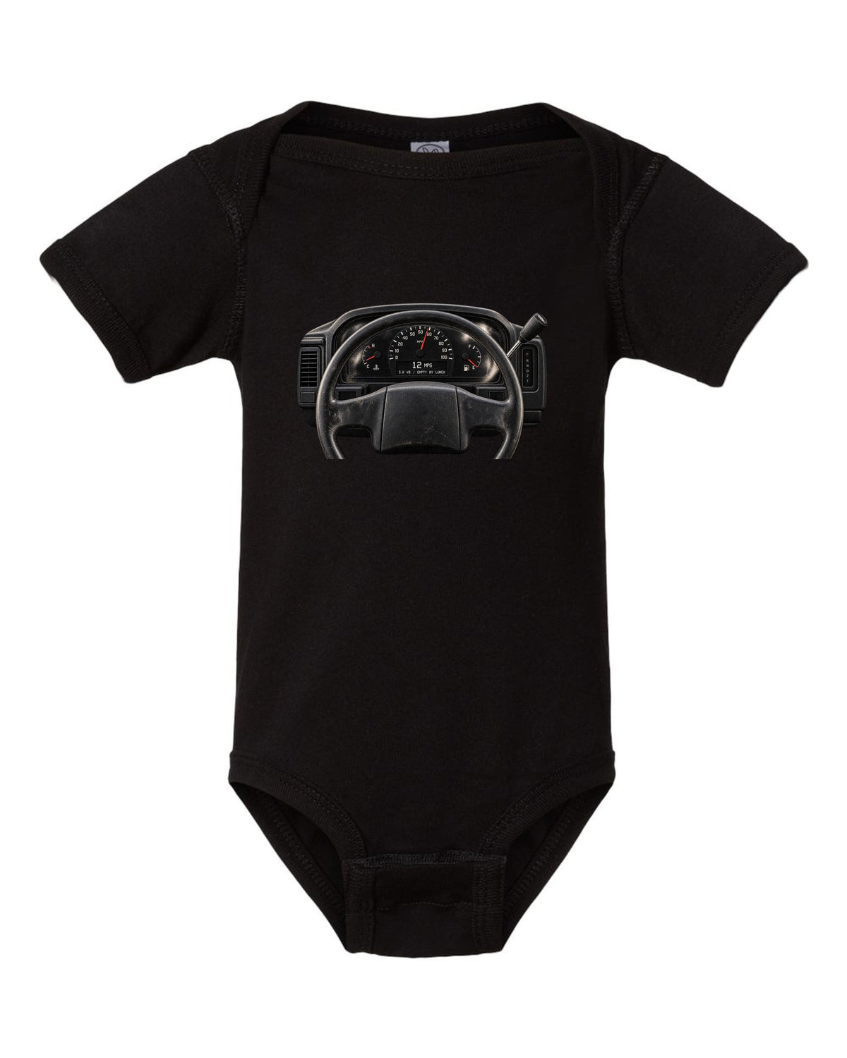 Gauge cluster print of a 1992-96 Ford Bronco OBS with 5.8 V8 and 12 MPG text black baby onesie front view with the design