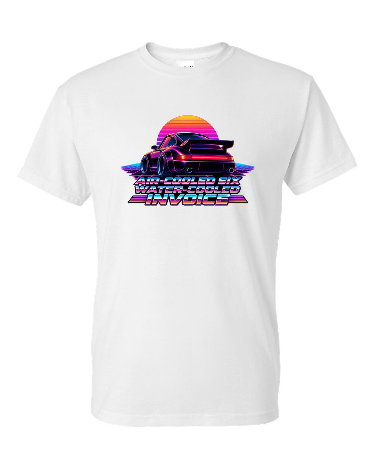 Synthwave gradient print of a Porsche 911 Turbo 964 with air-cooled six water-cooled invoice lettering white t-shirt front view with the design