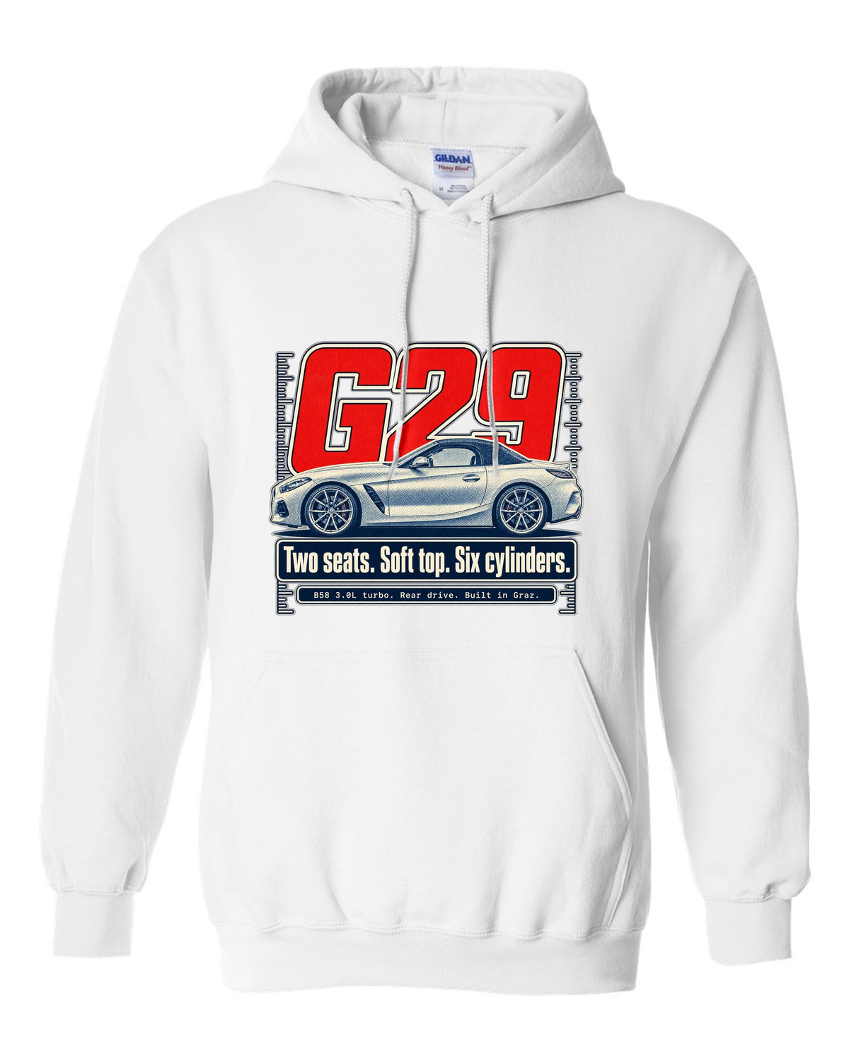 Halftone print of the BMW Z4 G29 roadster with two seats and six cylinders text white pull over hoodie front view with the design