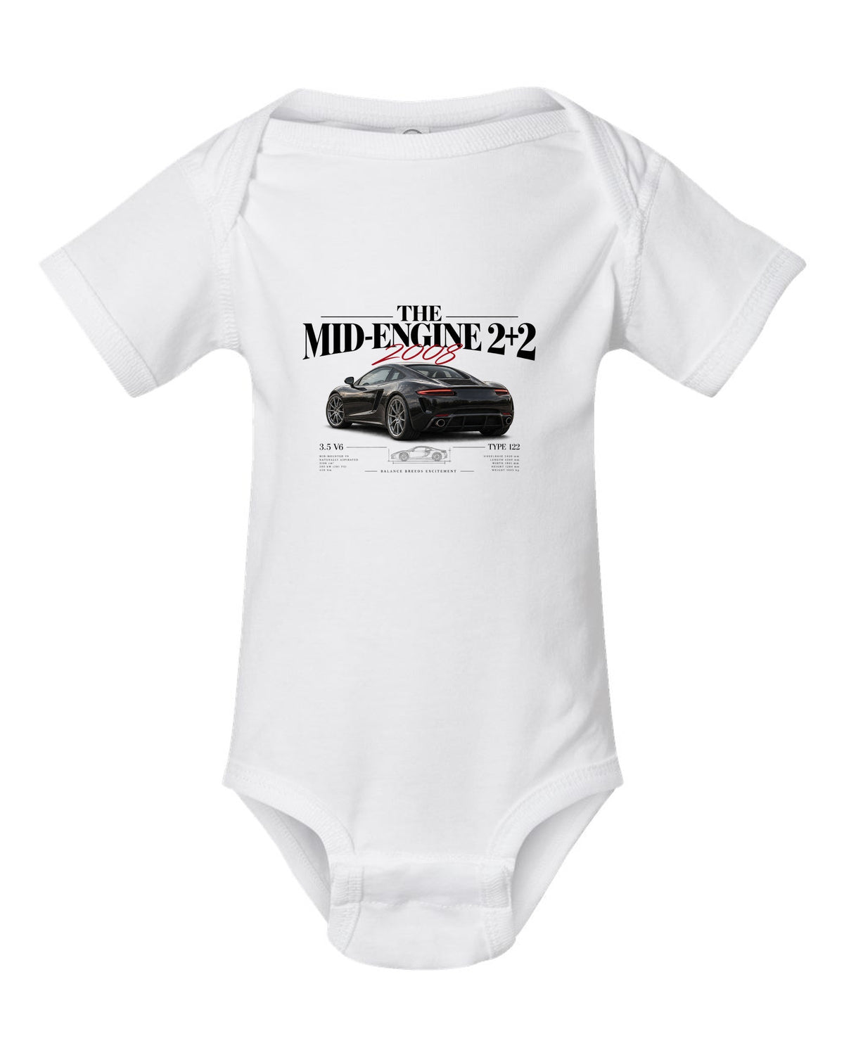 Editorial headline print of a 2008 Lotus Evora Type 122 about the mid-engine 2+2 white baby onesie front view with the design