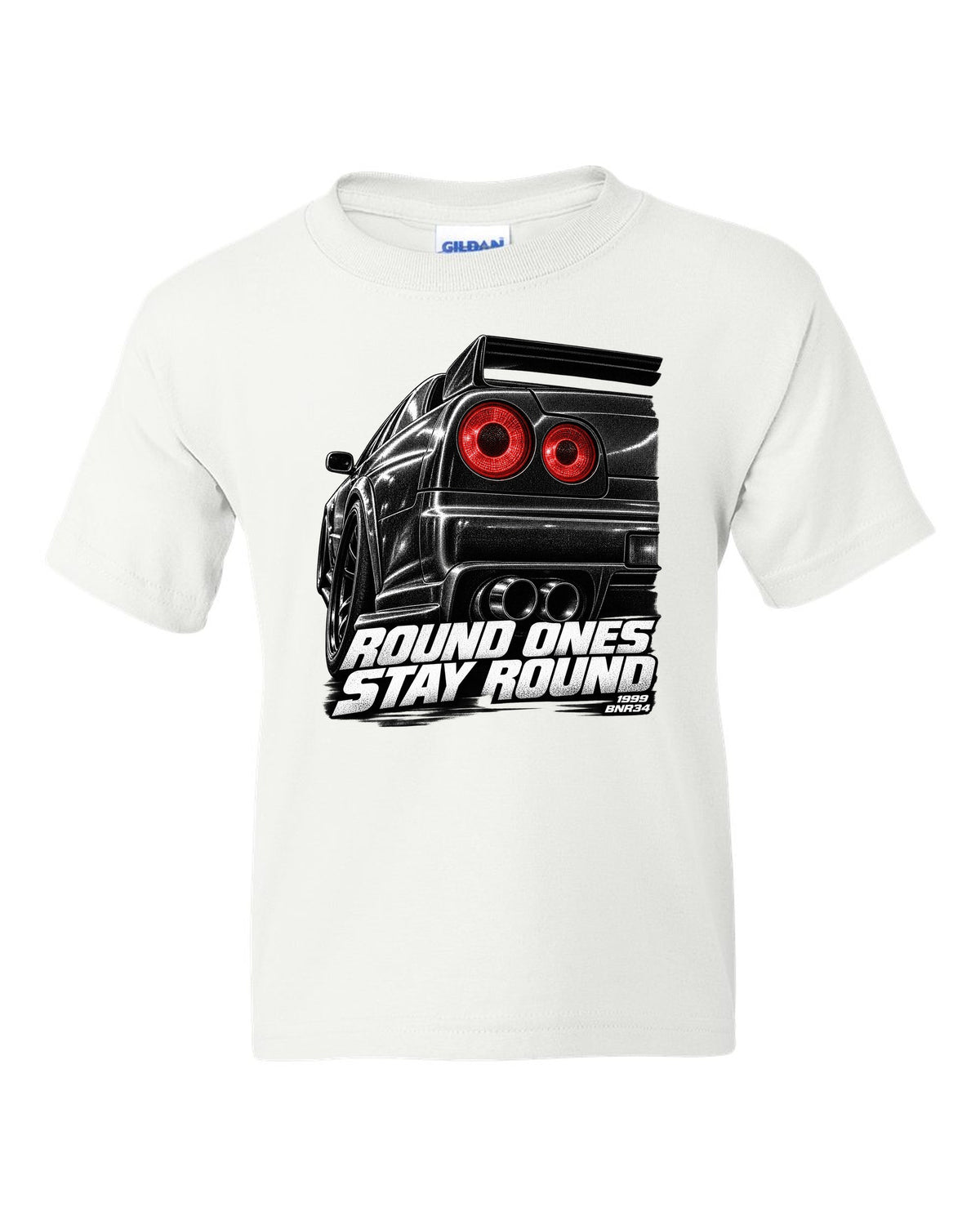 Macro print of the round taillights on a Nissan Skyline GT-R R34 BNR34 white kids tee front view with the design