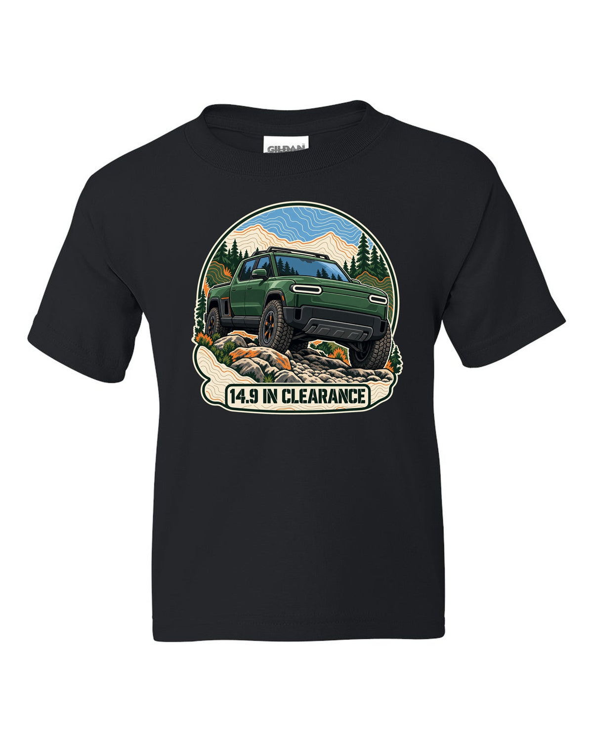 Topographic contour map illustration print of a Rivian R1T reading 14.9 In Clearance black kids tee front view with the design
