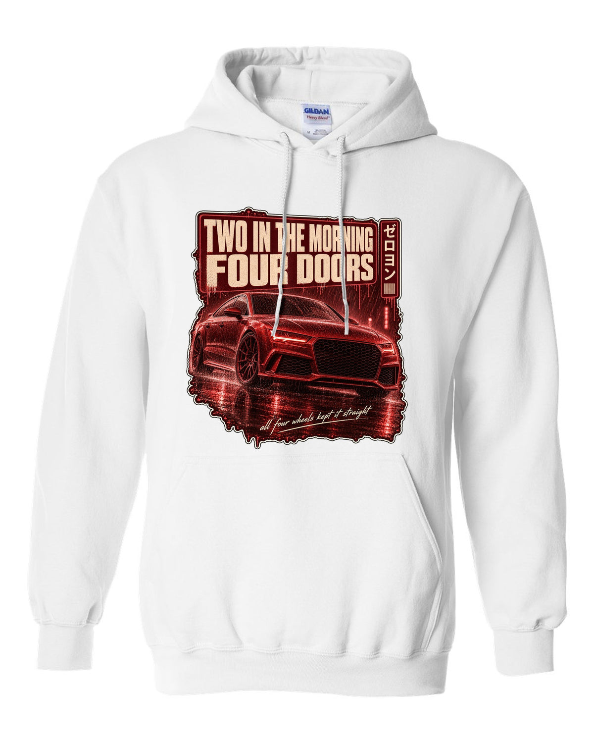 Audi RS7 Sportback C7 on a rainy night street print white pull over hoodie front view with the design
