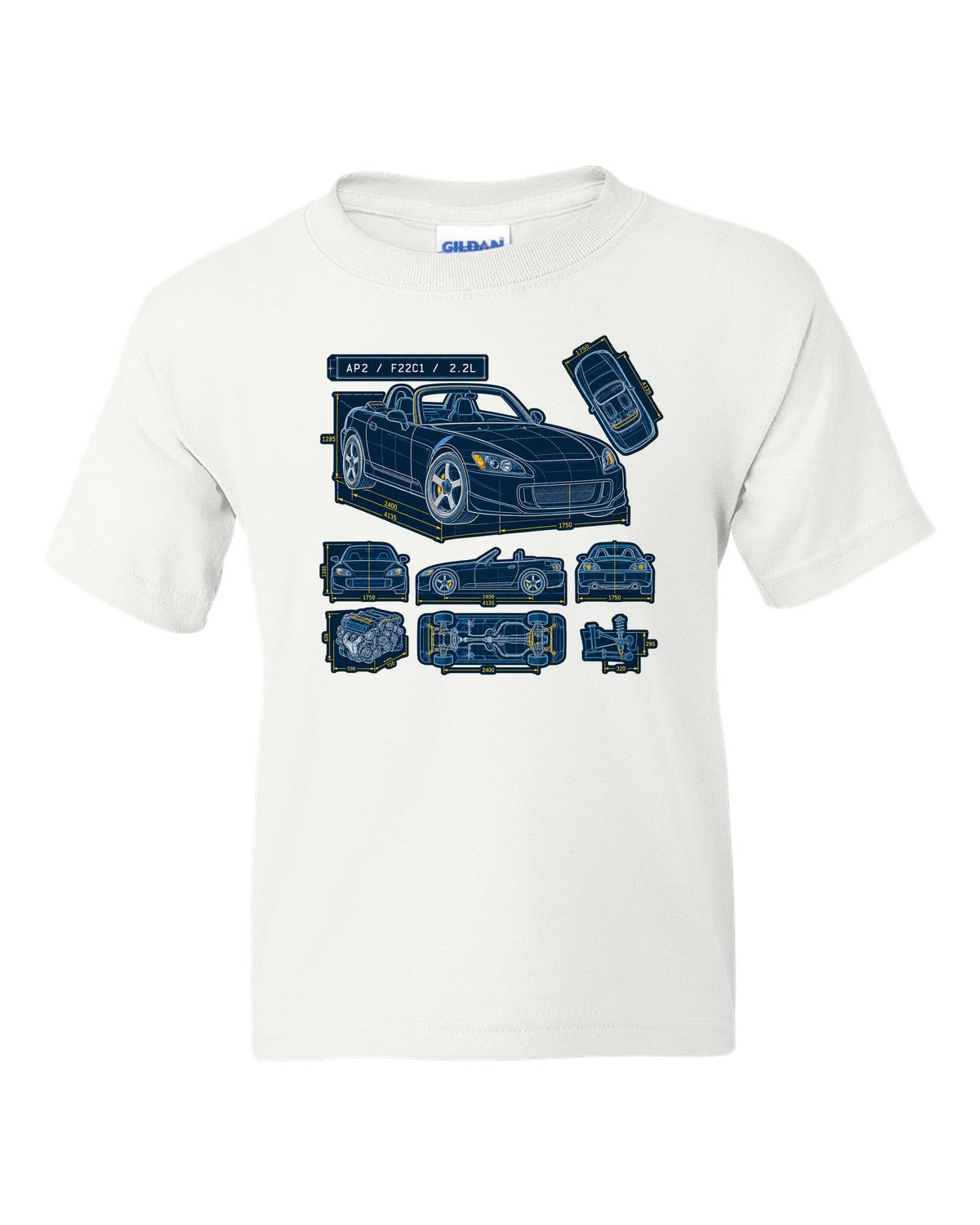 Neon synthwave sunset print of a Honda S2000 AP2 with 8,200 RPM not 9,000 text white kids tee front view with the design