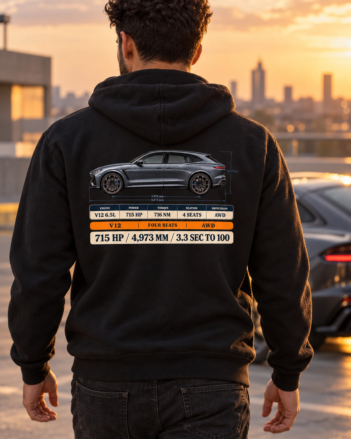 Ferrari Purosangue Spec Poster print Tee, 715 HP Zip Hoodie Black worn hero