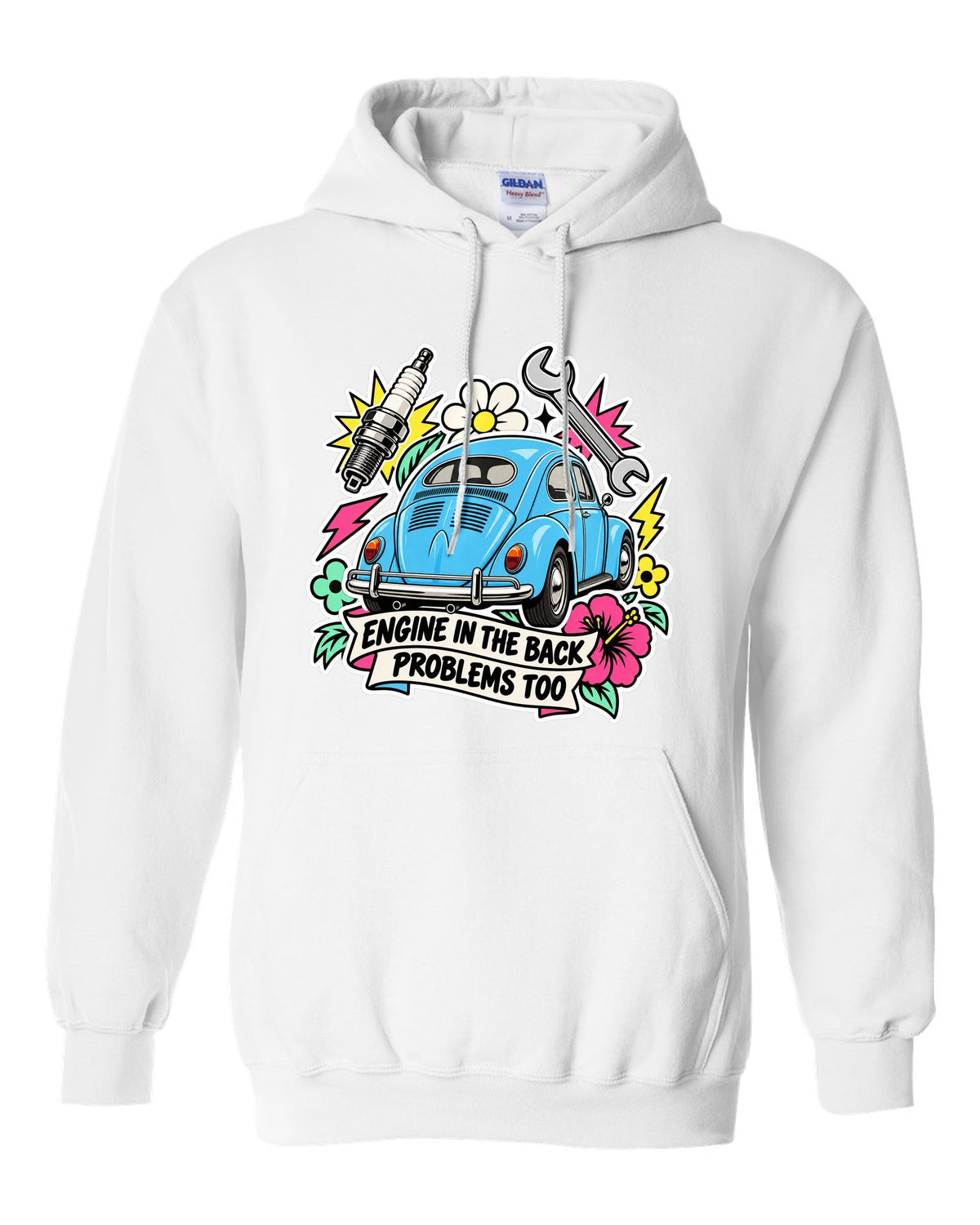 Sticker-bomb collage of a VW Beetle Type 1 with engine in the back lettering white pull over hoodie front view with the design