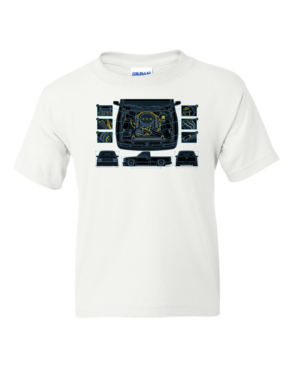 Technical blueprint print of the engine bay on a 1990-93 Chevrolet 454 SS pickup with L19 7.4L 454 text white kids tee front view with the design
