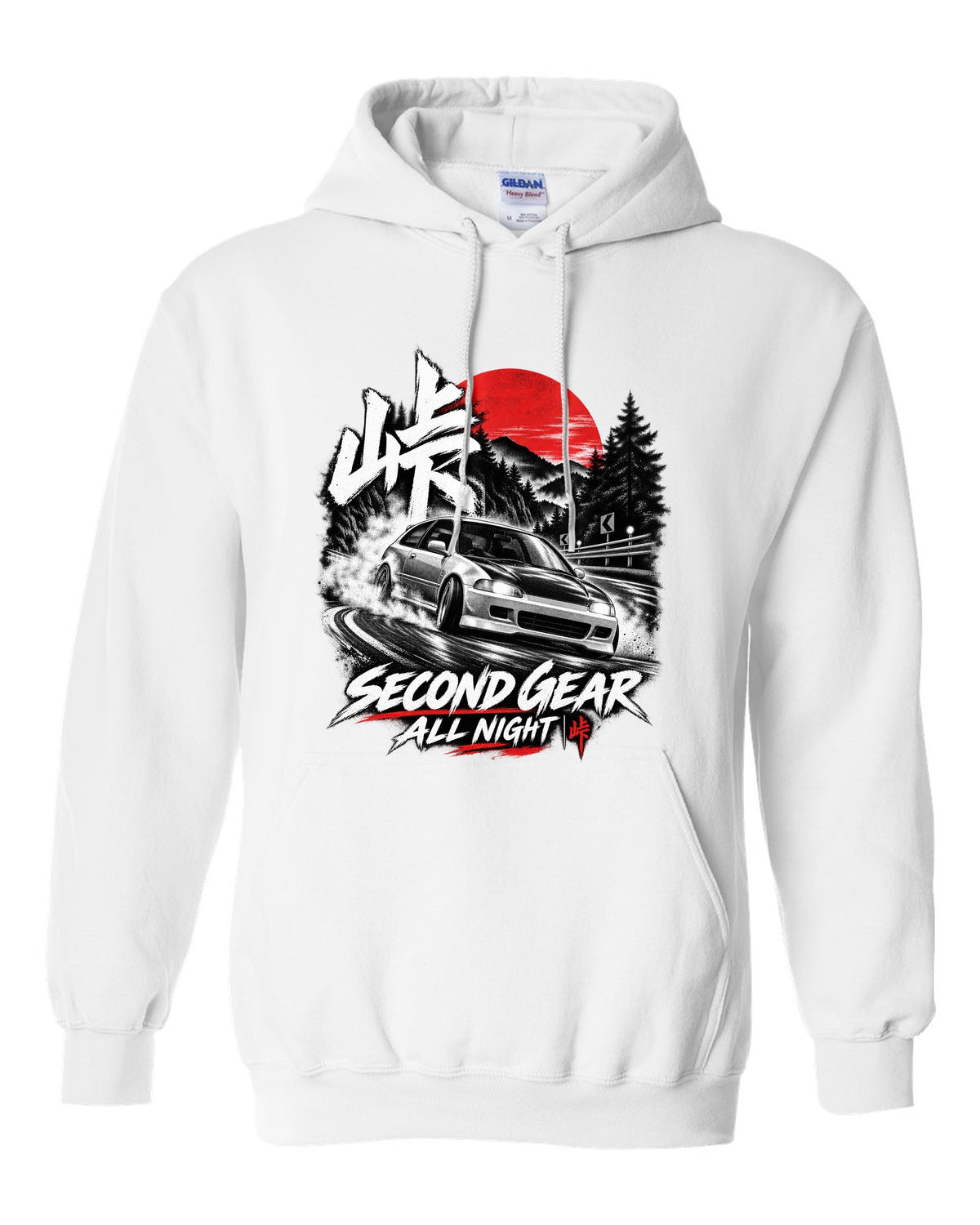 Touge night print of a 1992 Honda Civic EG6 SiR chback with second gear text white pull over hoodie front view with the design