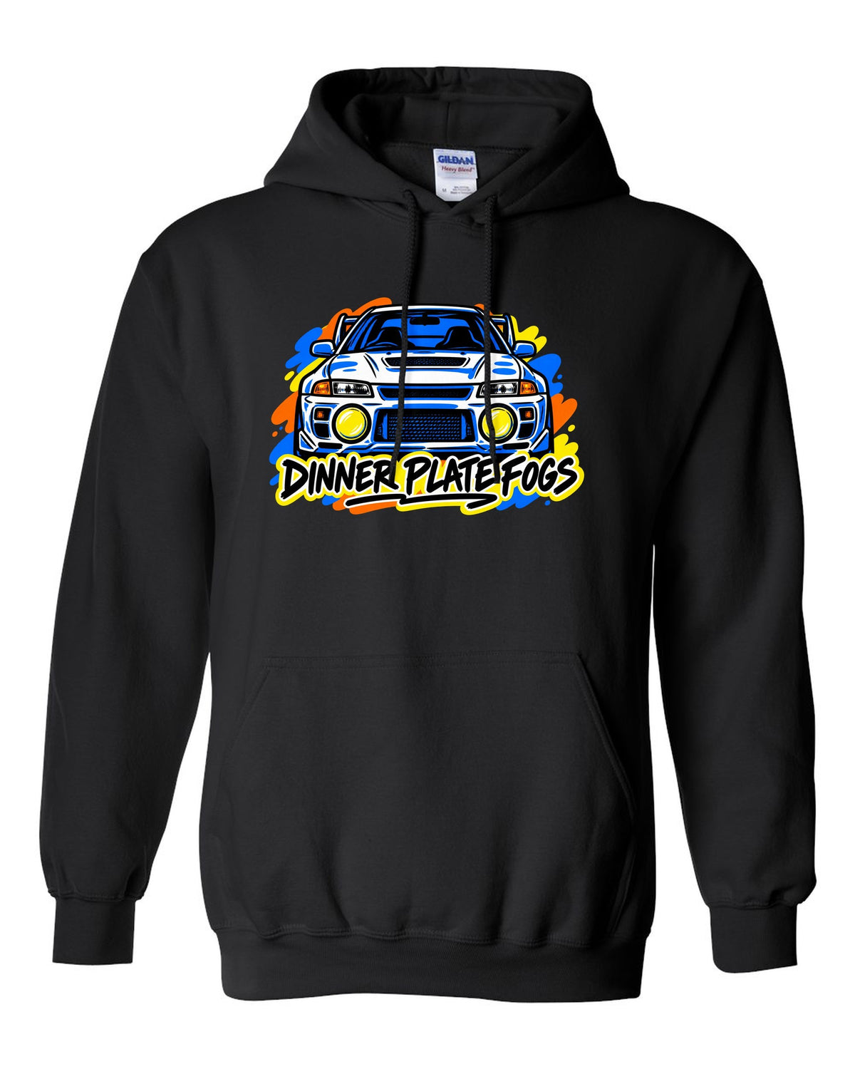 Mitsubishi Lancer Evolution IV CN9A mono-line sketch, DINNER PLATE FOGS black pull over hoodie front view with the design