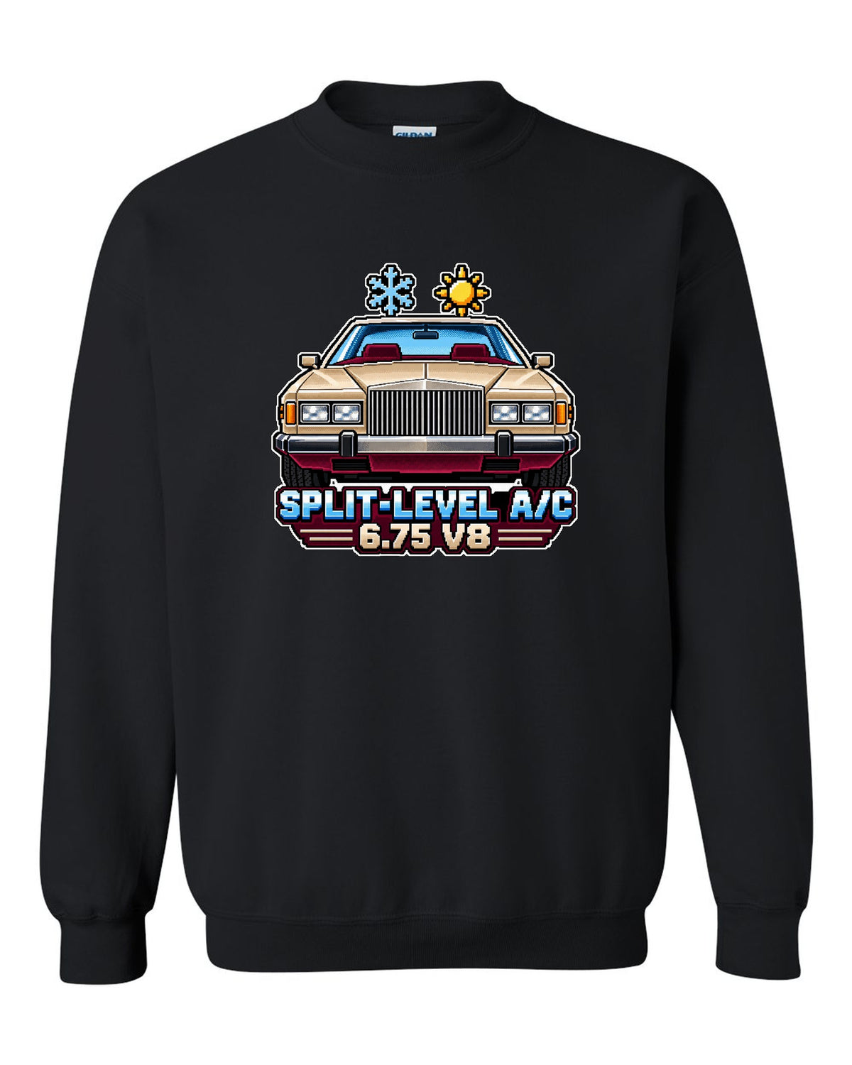 16-bit pixel art print of a 1975 Rolls-Royce Camargue with split-level A/C and 6.75 V8 lettering black crewneck front view with the design