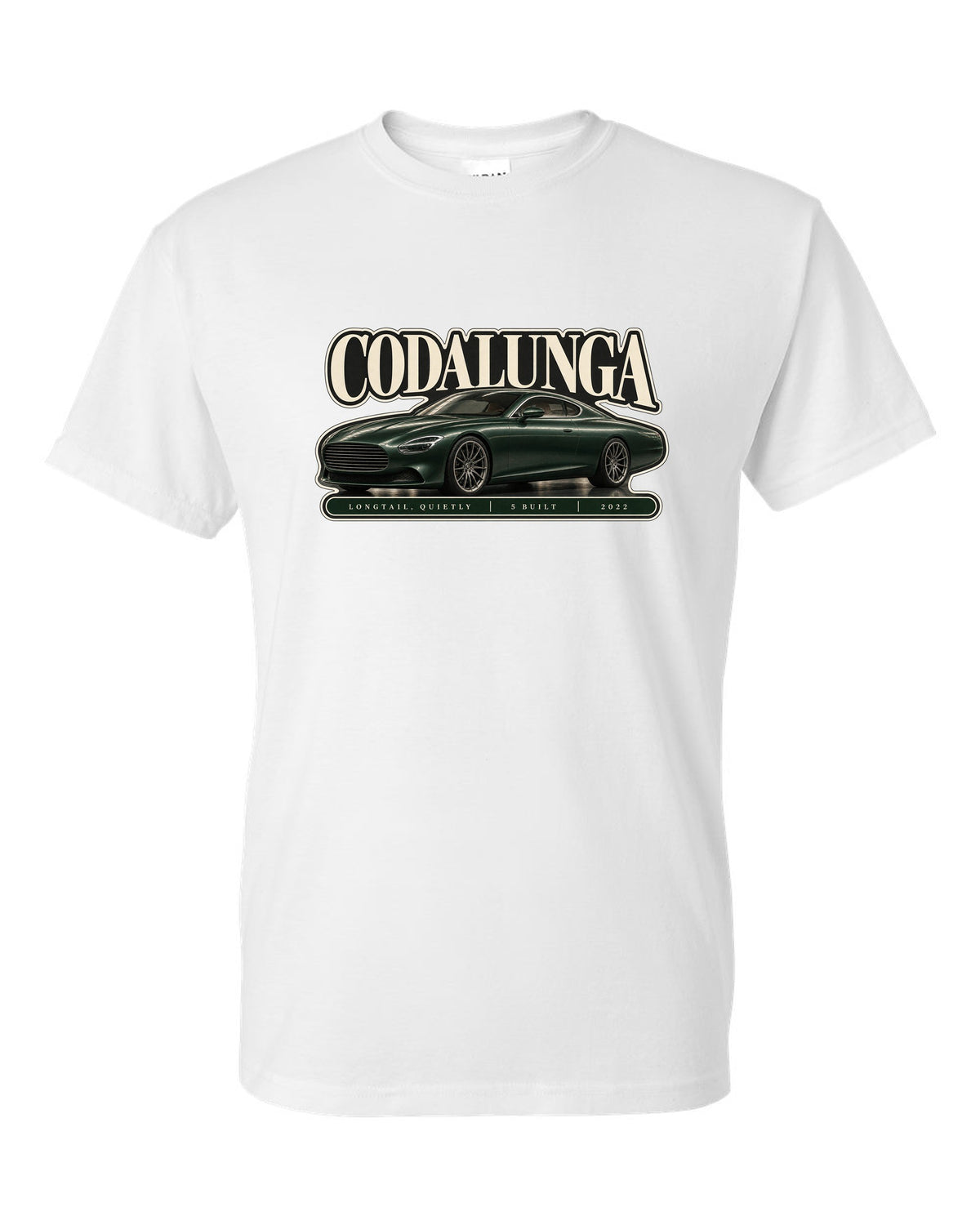 Editorial headline print of the Pagani Huayra Codalunga with the text Codalunga, longtail, quietly, 5 built, 2022 white t-shirt front view with the design
