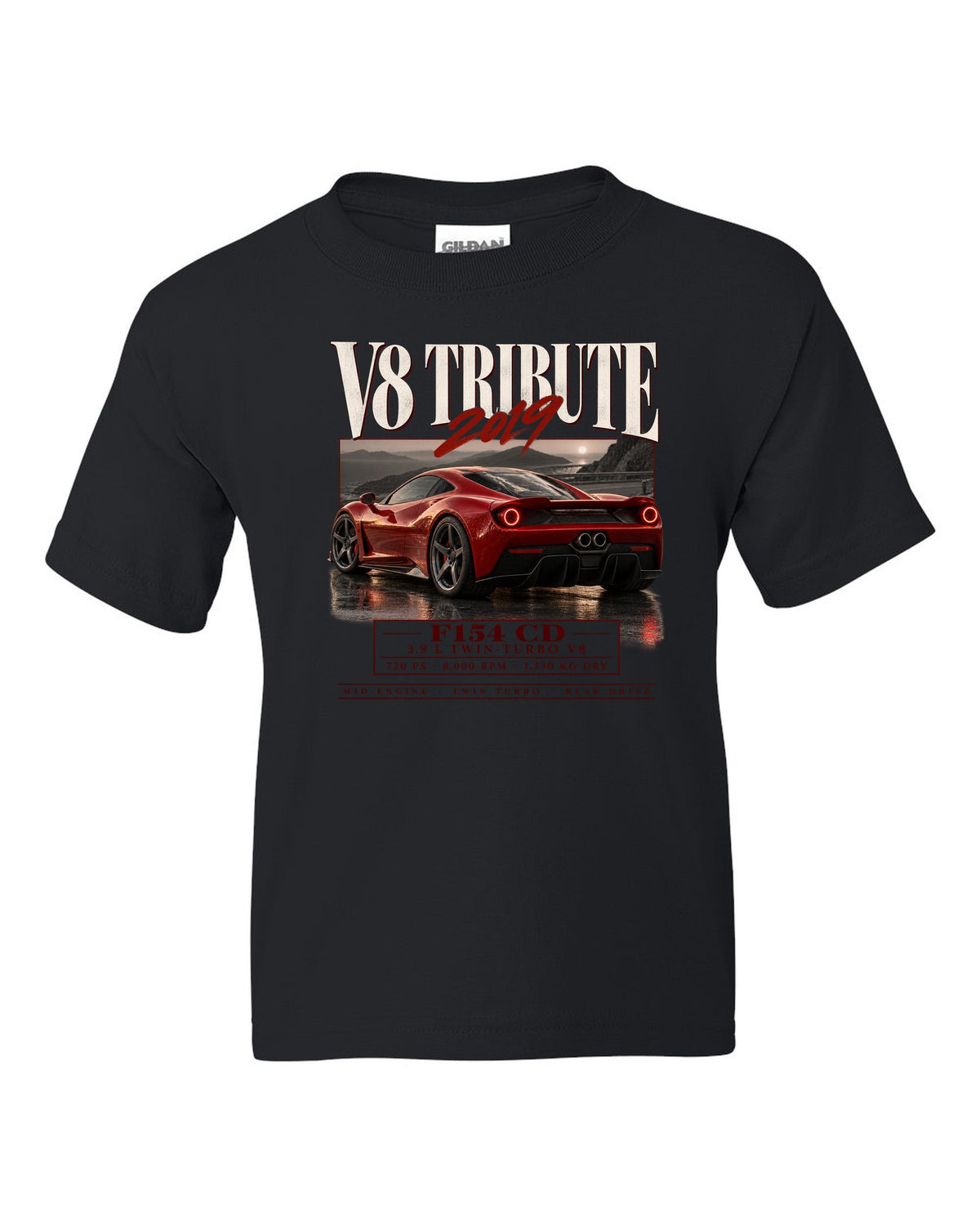 Archive panel print of a Ferrari F8 Tributo listing 3.9 L twin-turbo V8, 720 PS and 1,330 kg dry black kids tee front view with the design