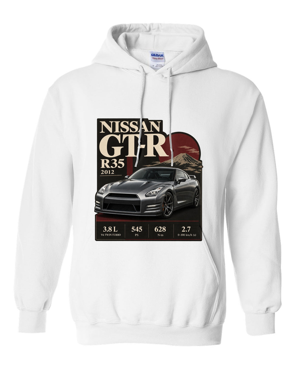 Nissan GT-R R35 2013 Track Edition in dossier panel layout white pull over hoodie front view with the design