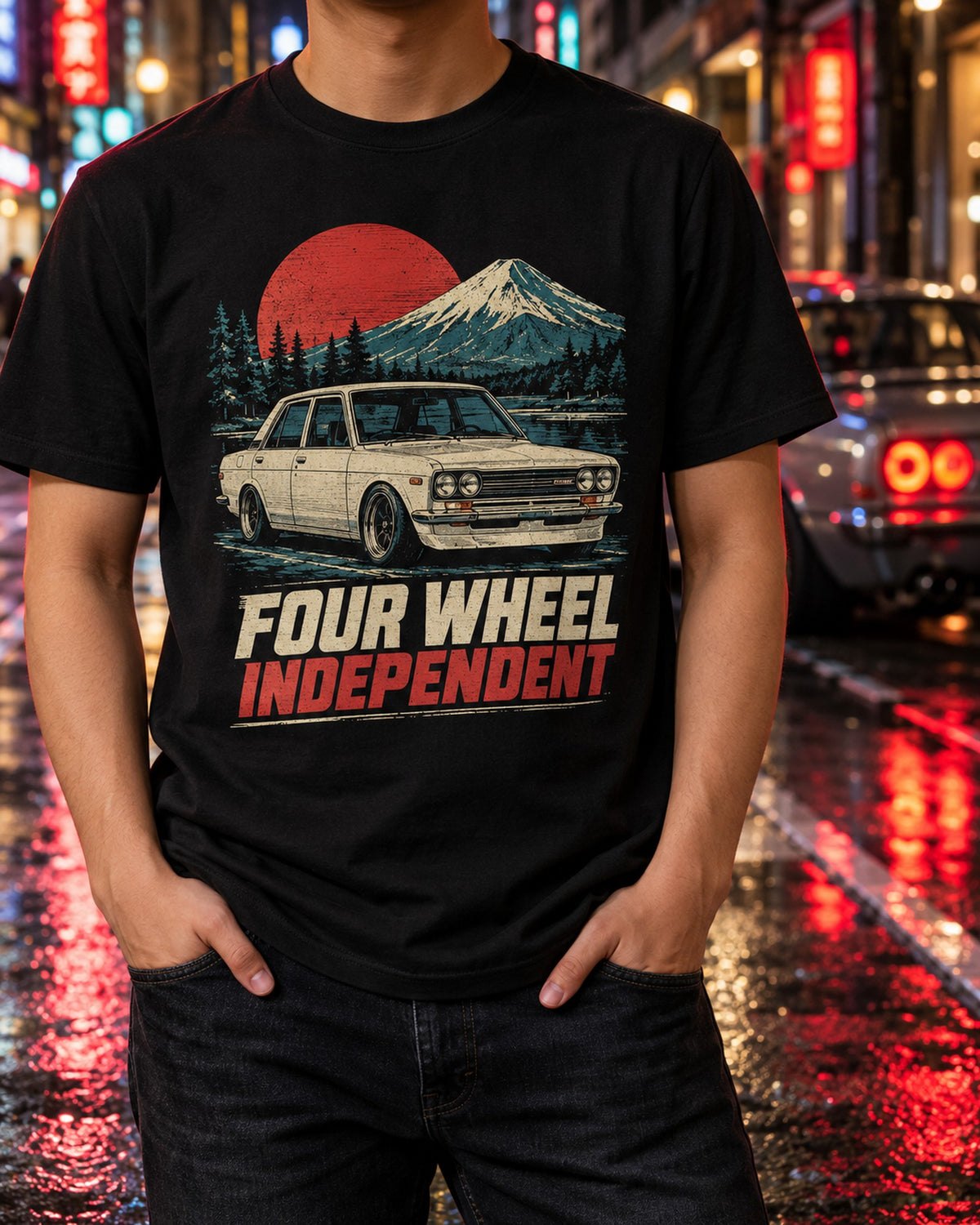 Datsun 510 Linocut print Shirt, Four Wheel Independent T-Shirt Black worn hero