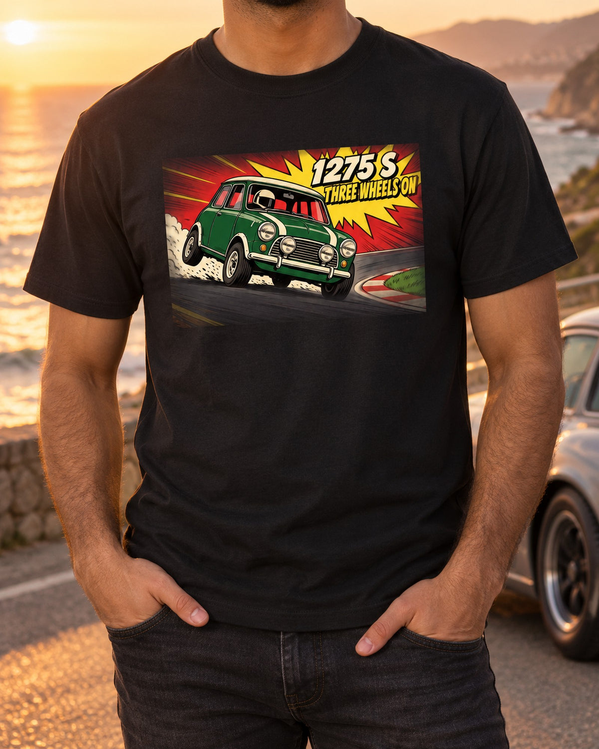 Classic Mini Cooper S 1275 S Three Wheels On Pop Art Shirt T-Shirt Black worn hero
