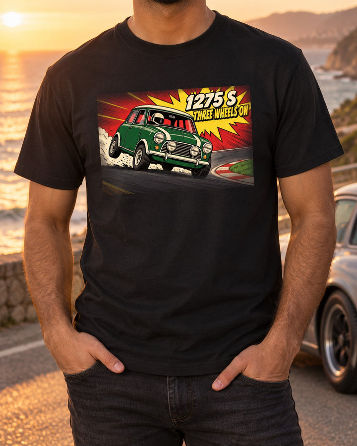 Classic Mini Cooper S 1275 S Three Wheels On Pop Art Shirt T-Shirt Black worn hero