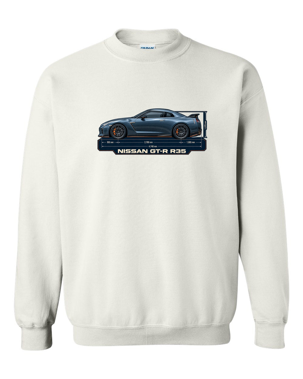 Nissan Z RZ34 Performance dimension blueprint in graphite blue white crewneck front view with the design