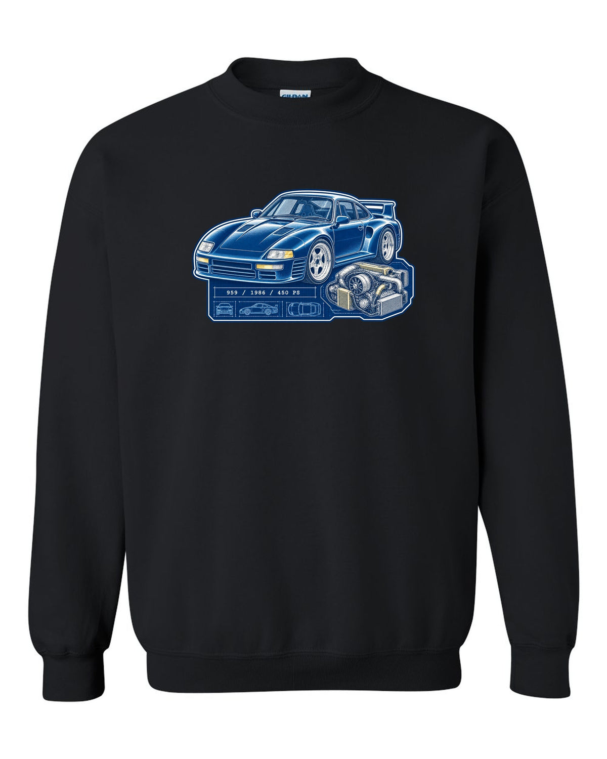 Porsche 959 cyanotype blueprint design with 1986 and 450 PS lettering black crewneck front view with the design