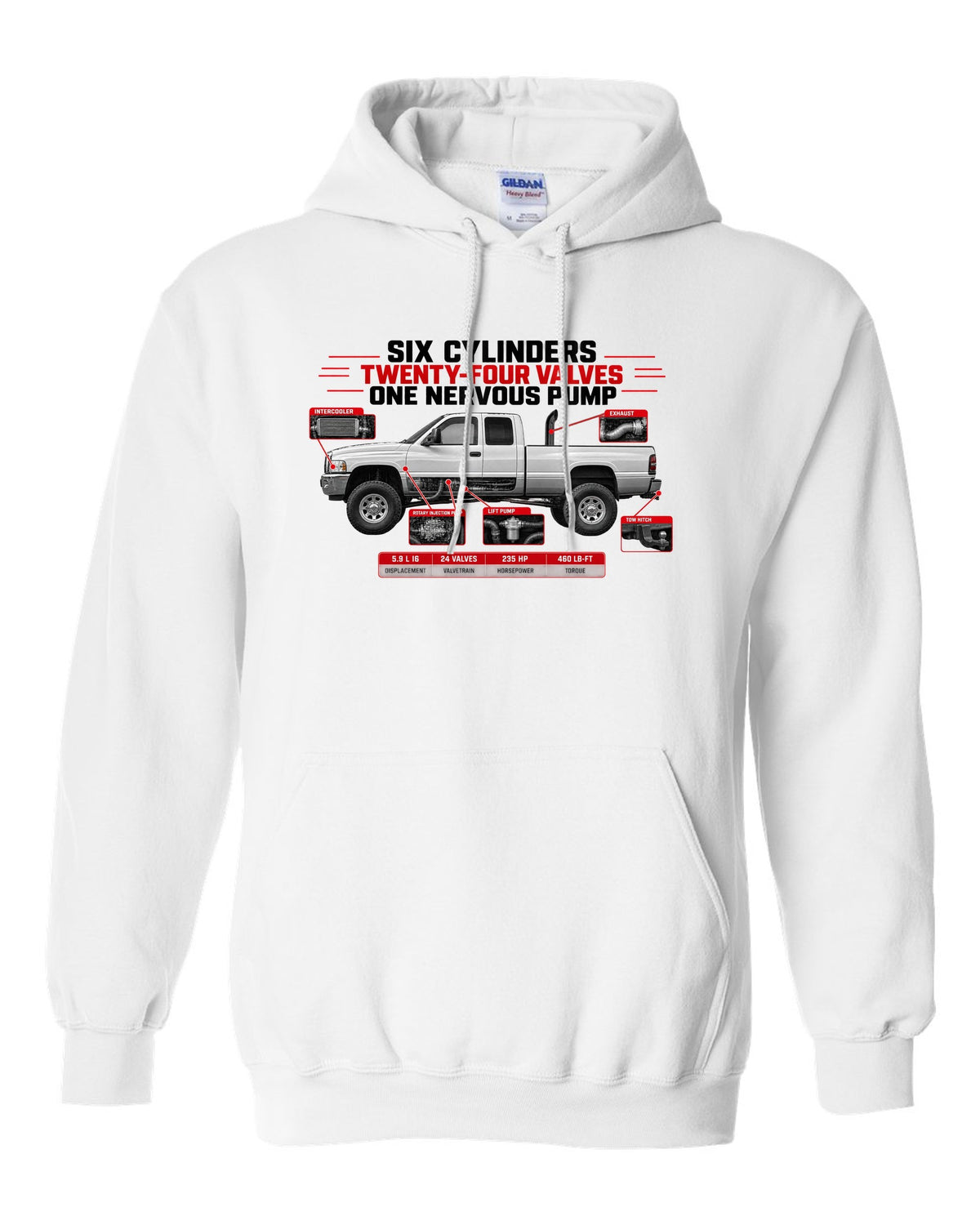 Spec poster of a 1998.5-2002 Ram 2500 5.9 24V with six cylinders, twenty-four valves, one nervous pump white pull over hoodie front view with the design