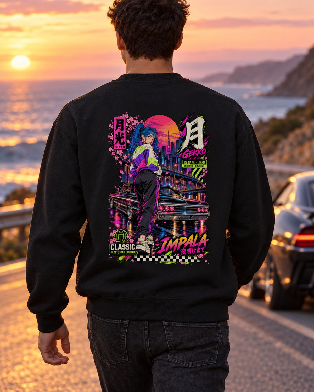 GEKKO IMPALA Anime Girl Full-Back Graphic Tee Crewneck Black worn hero