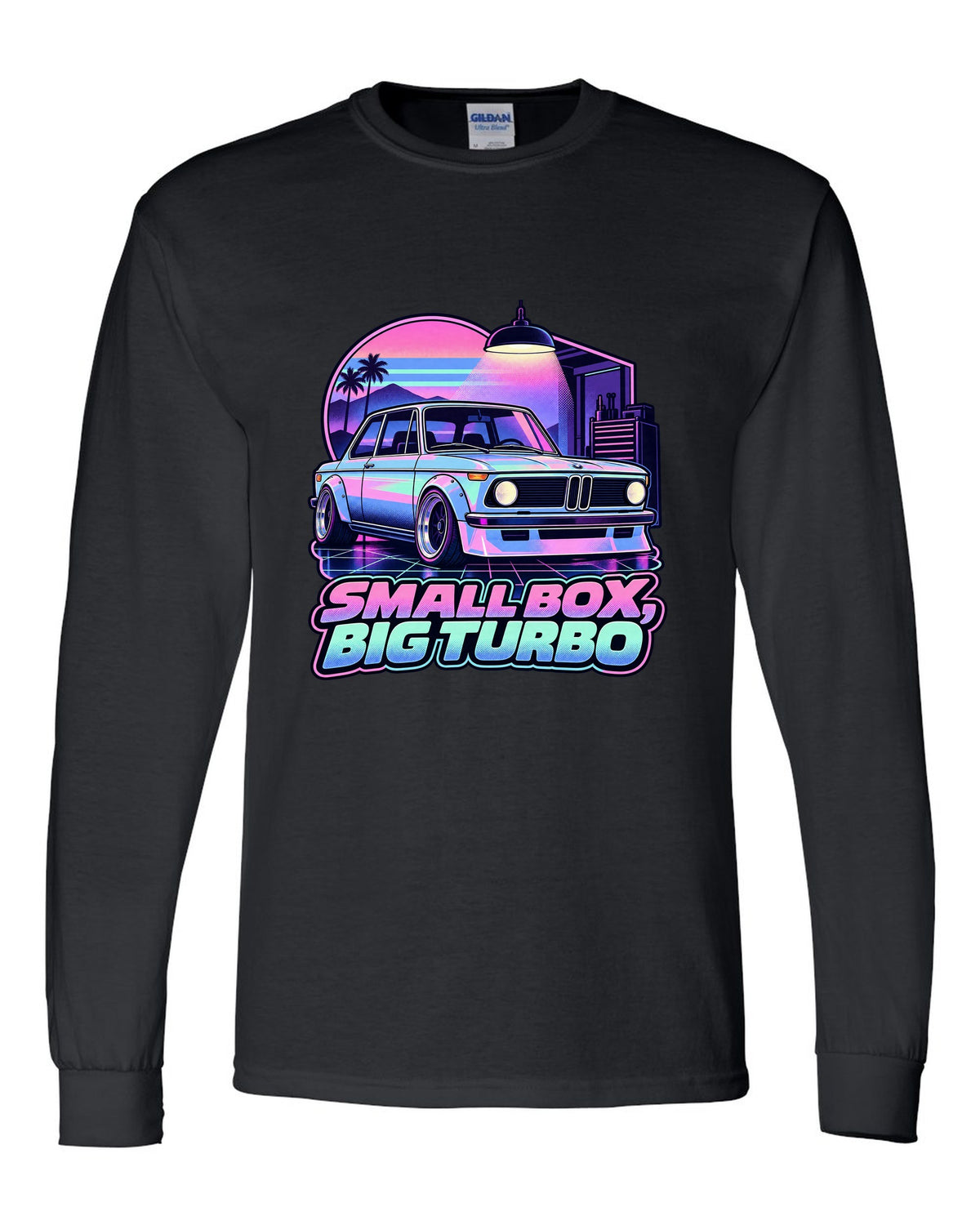 BMW 2002 turbo vaporwave pastel print with small box big turbo text black long sleeve front view with the design