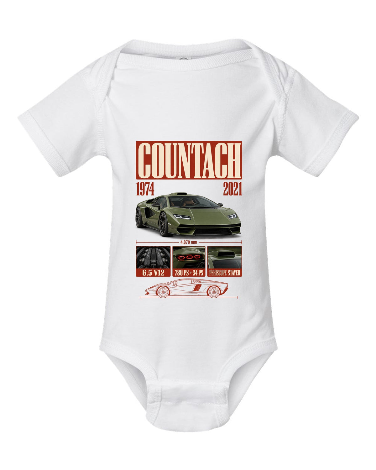 Lamborghini Countach LPI 800-4 archive panel print covering 1974 to 2021 with V12 specs white baby onesie front view with the design