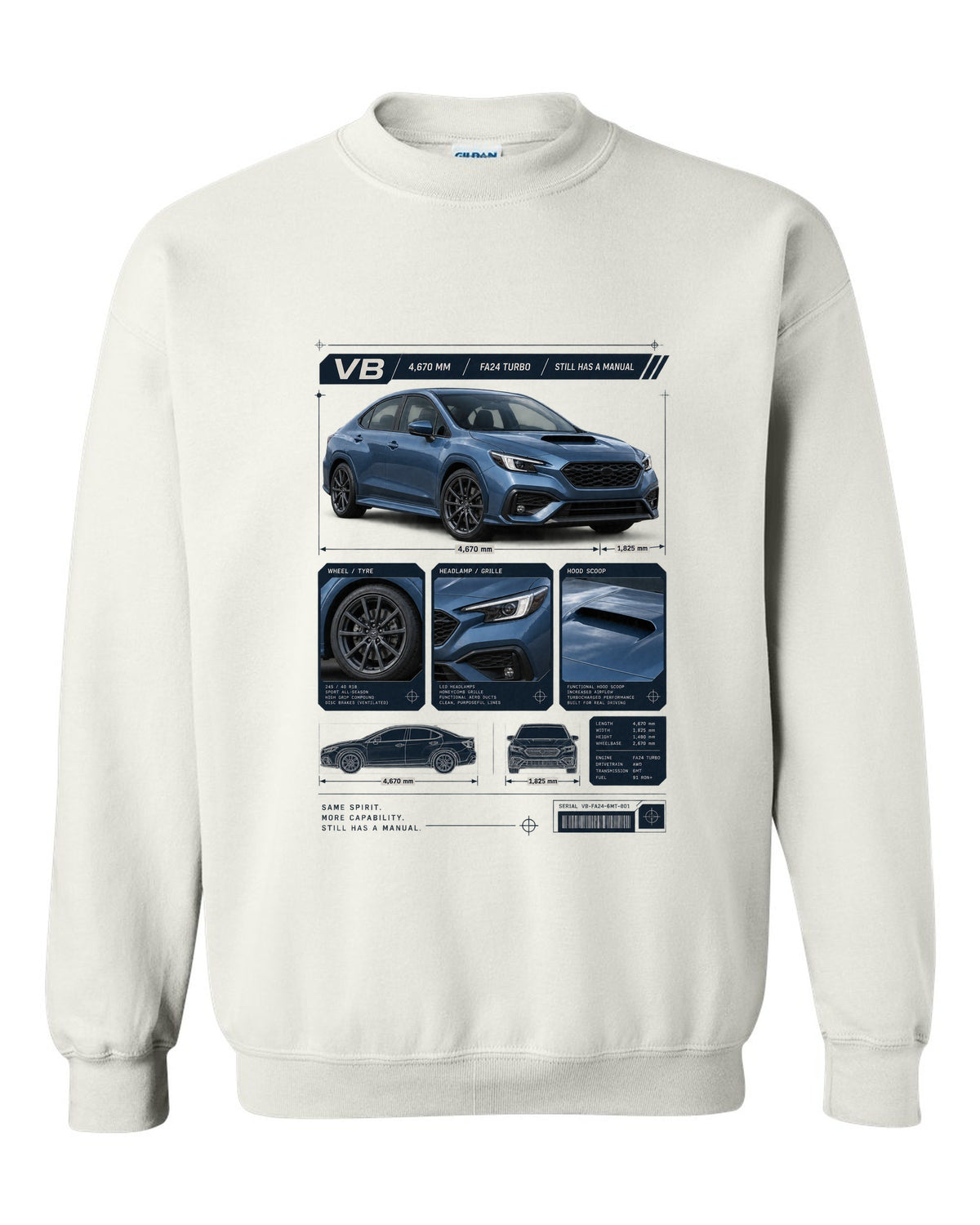 Dossier-style panel layout of a Subaru WRX VB sedan with GT and TR detail panels white crewneck front view with the design
