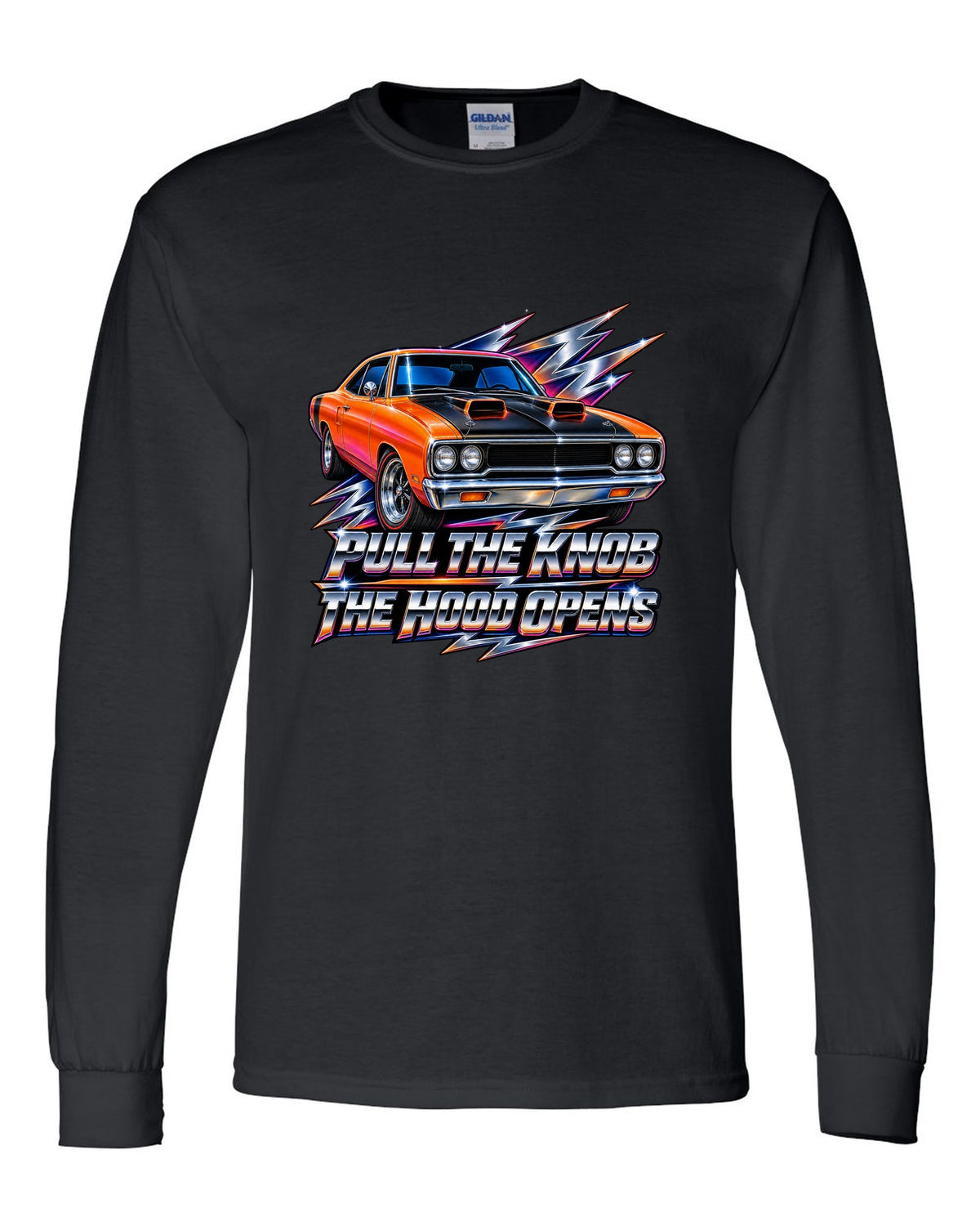 80s airbrush chrome design of a 1970 Plymouth Road Runner with pull the knob hood text black long sleeve front view with the design