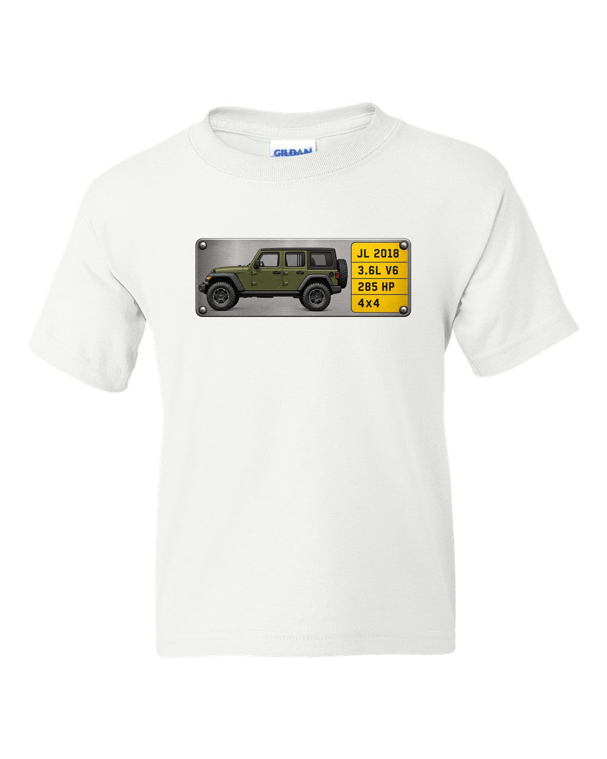 Jeep Wrangler JL Unlimited 3.6L V6 285 HP Spec Plate Tee white kids tee front view with the design