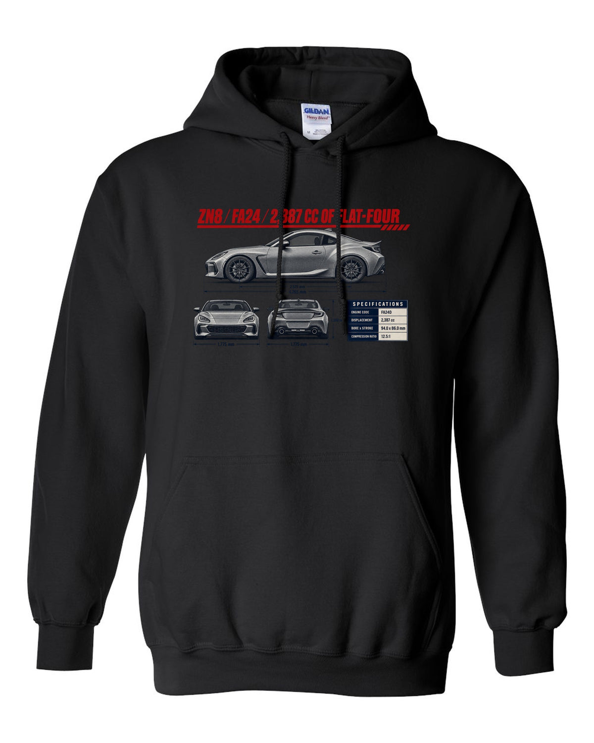Three-view drawing with spec table of a Toyota GR86 ZN8, poster-style print black pull over hoodie front view with the design
