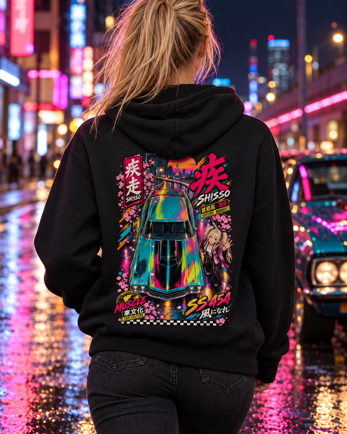 SHISSO SS 454 Anime Girl Full-Back Graphic Tee Pull Over Hoodie Black worn hero