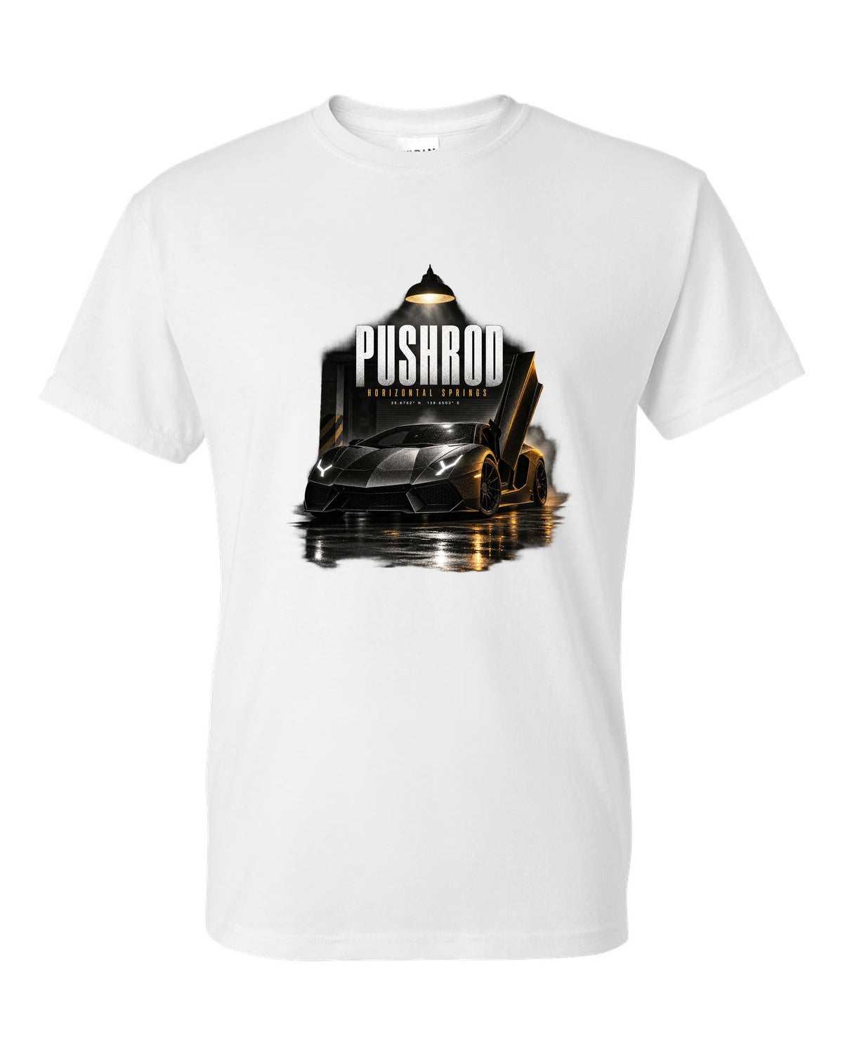 Garage night print of a Lamborghini Aventador S LP740-4 with Pushrod and Horizontal Springs text white t-shirt front view with the design
