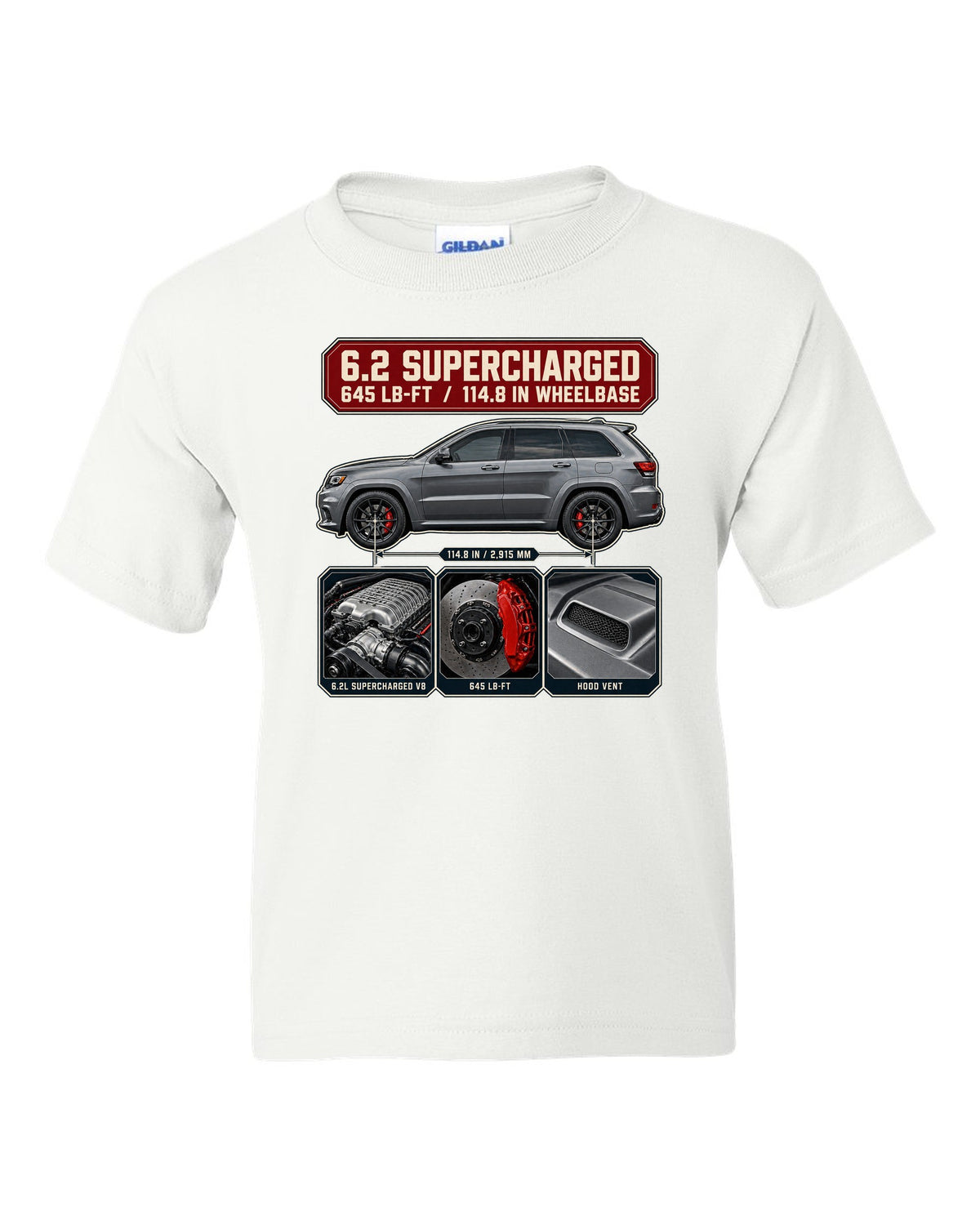 Dossier panel print of the Jeep Grand Cherokee Trackhawk WK2 with engine and torque white kids tee front view with the design