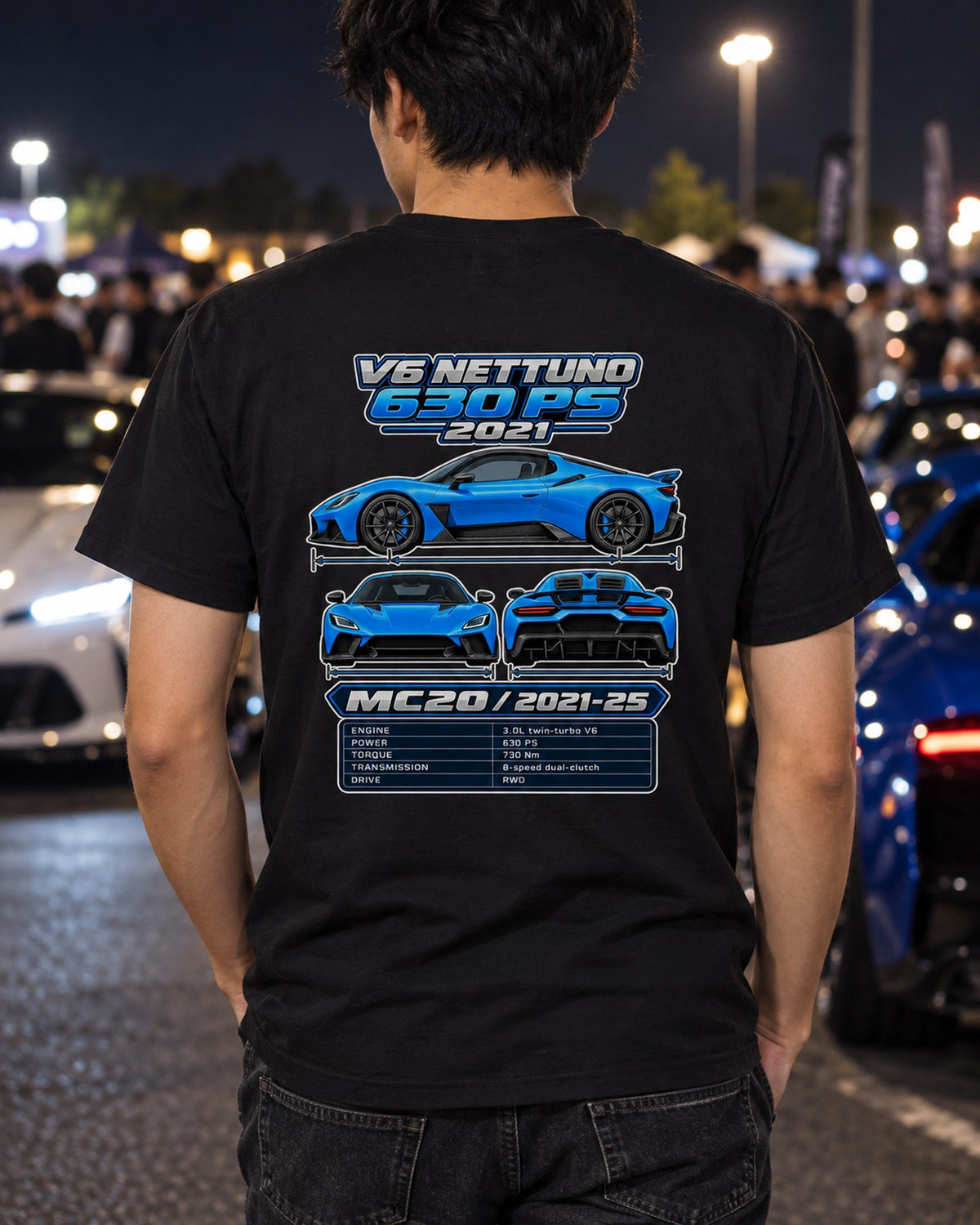 Maserati Mc20 Spec Sheet Full-Back Graphic Tee T-Shirt Black worn hero