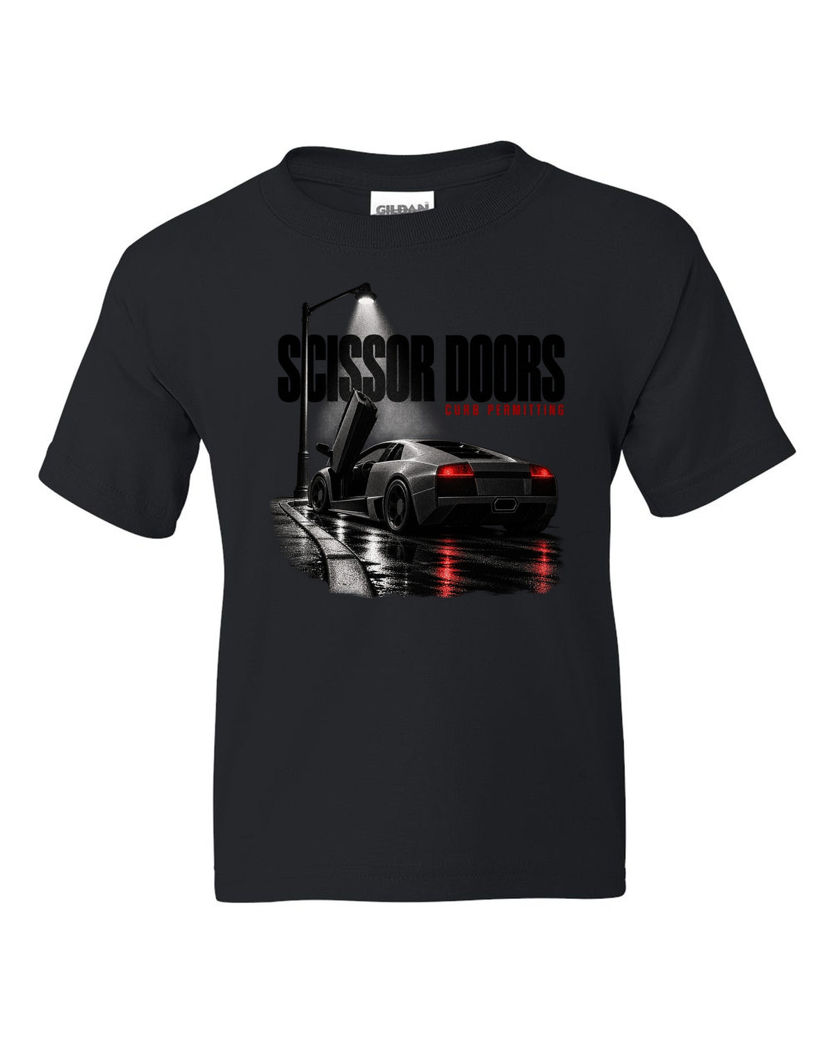 Garage night print of a Lamborghini Murcielago LP640 with scissor doors raised black kids tee front view with the design