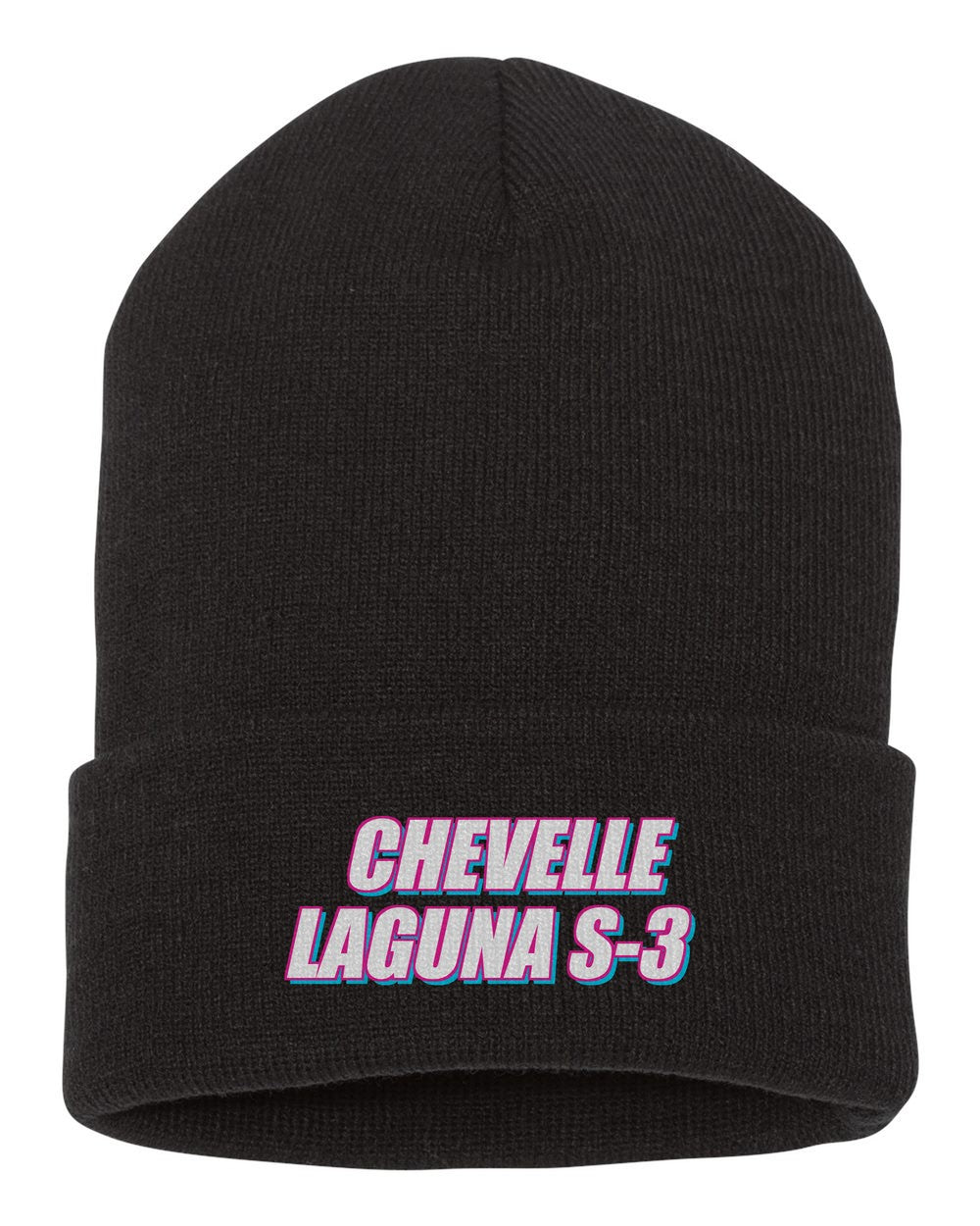 Chevelle Laguna S-3 black beanie front view with car name