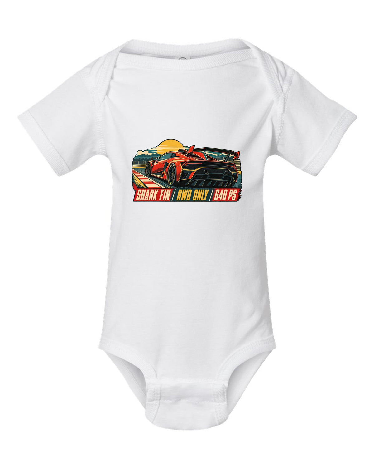 Vintage 1960s lithograph race poster of a Lamborghini Huracan STO LP640-2 with shark fin text white baby onesie front view with the design