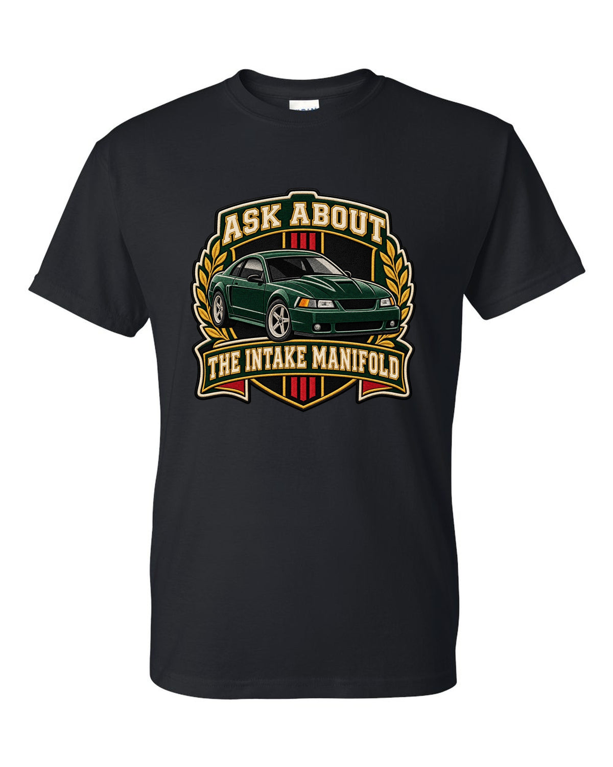 Varsity crest of a Ford Mustang New Edge coupe with intake manifold text black t-shirt front view with the design