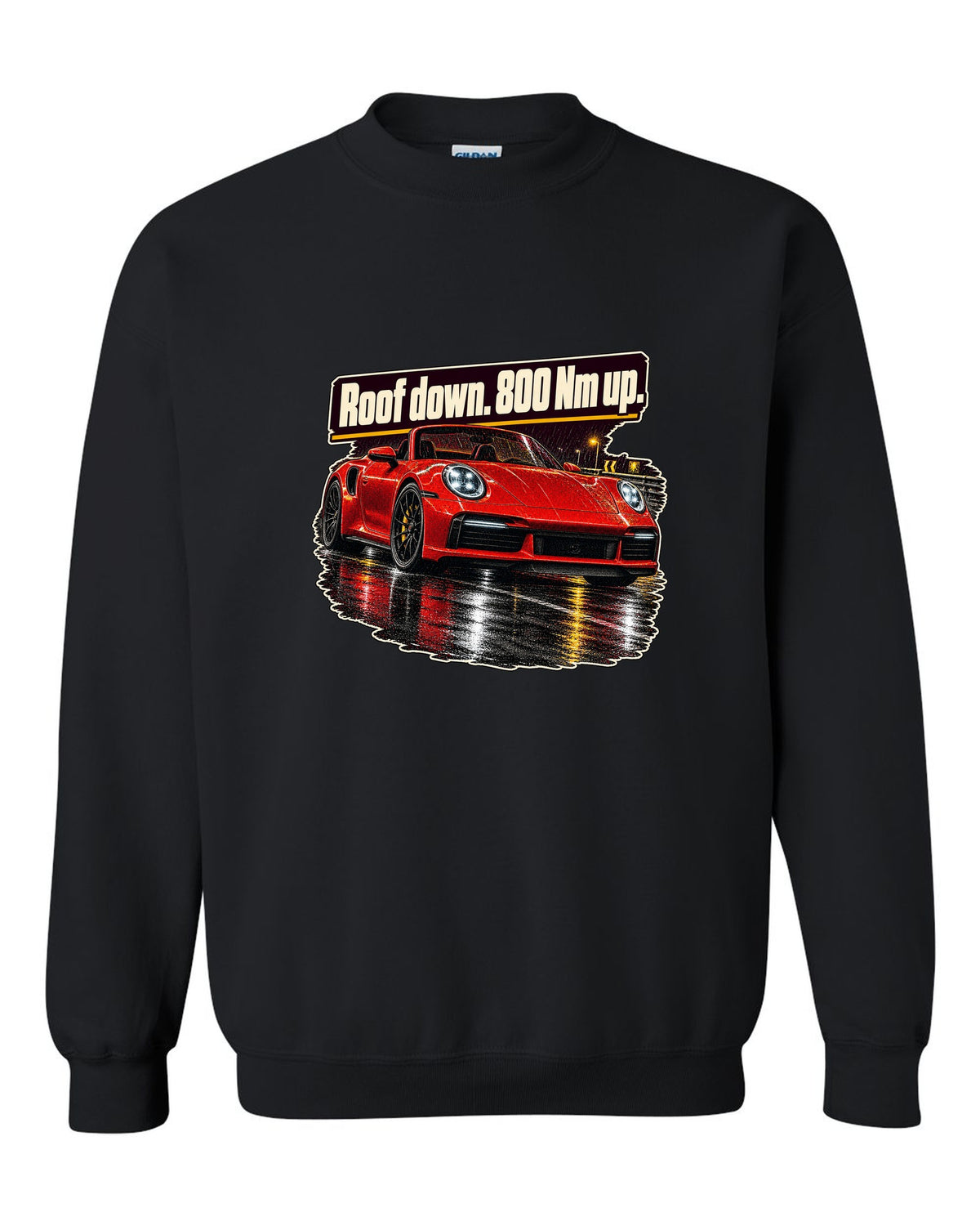 Night street print of a Porsche 992 Turbo S Cabriolet with roof down black crewneck front view with the design