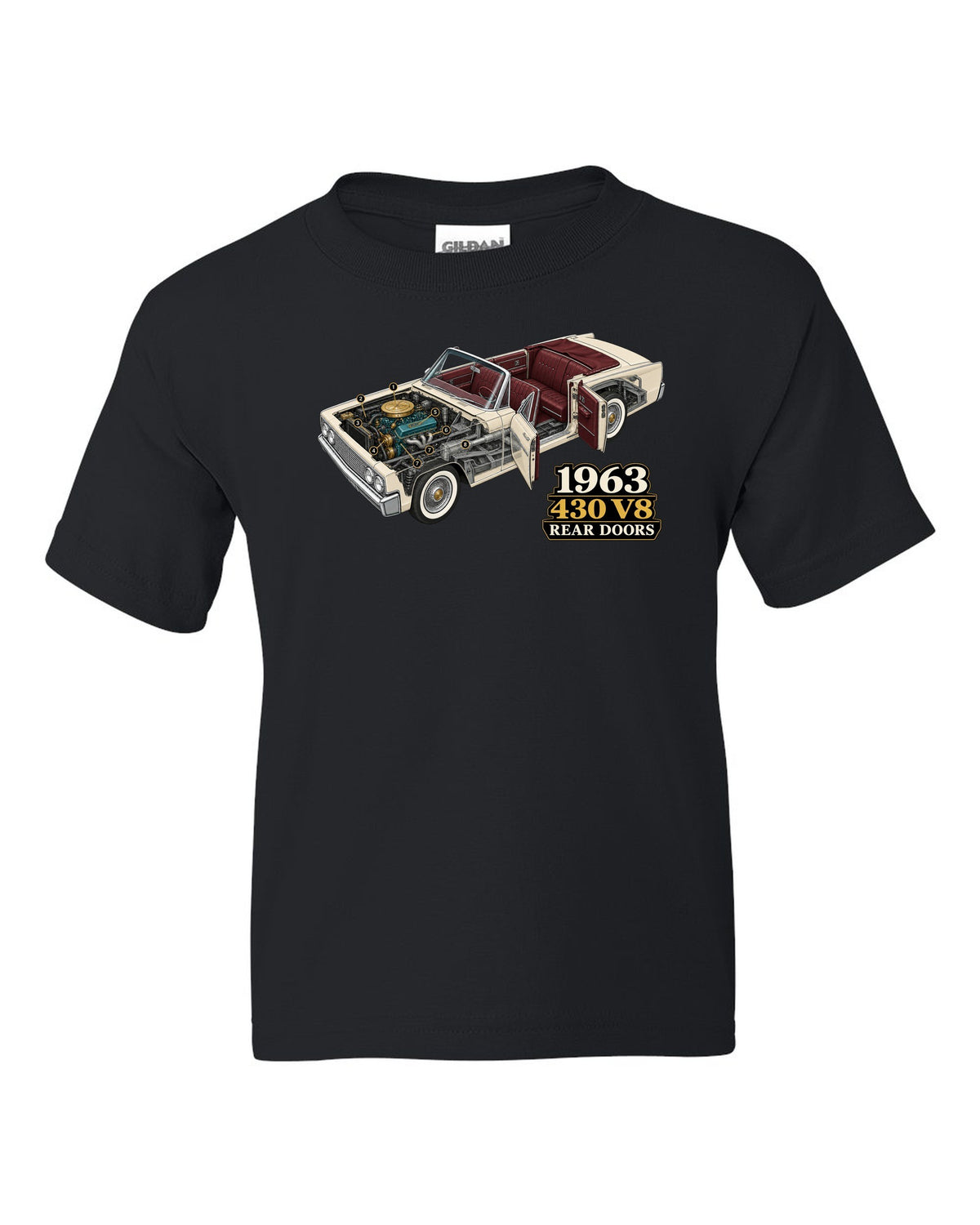 1963 Lincoln Continental four-door convertible isometric cutaway diagram black kids tee front view with the design